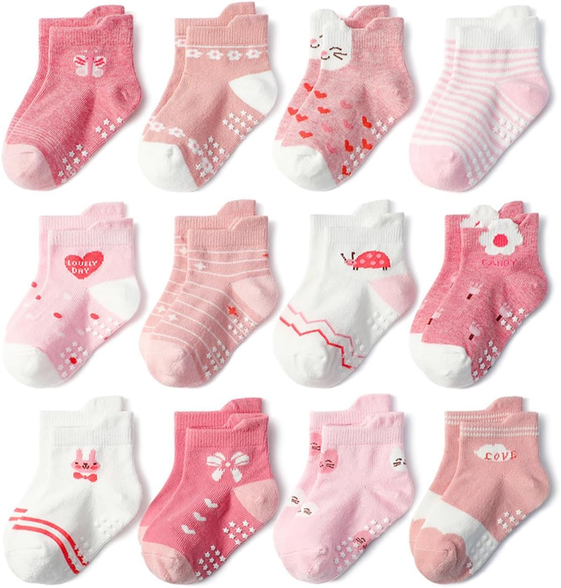 Baby Non Slip Grip Ankle Socks,12-Pack Cotton Crew Socks for 1-3/3-5 Years Old Infants Toddlers Kids Boys Girls Crawling Unisex Ankle Socks Non Skid Sole