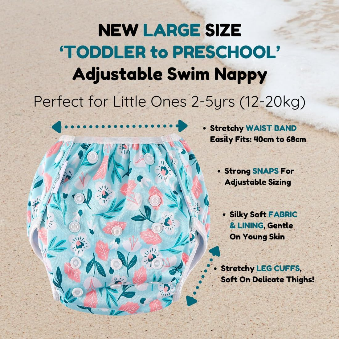 Reusable Adjustable Swim Nappy LARGE 12-20Kg (AU Size 2-5) Girls 'Toddler to Preschool' Premium Cloth Swimming Diaper BLUE BLOSSOM_L - Blue Blossom image number 6