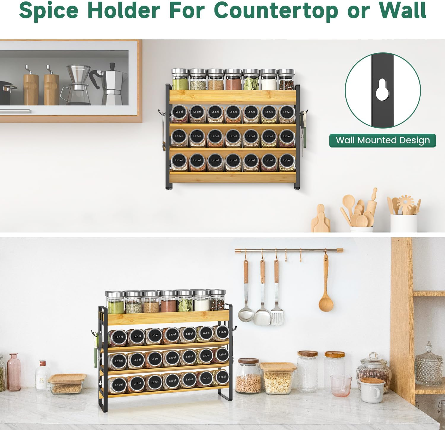 Esluker.Ly Spice Seasoning Rack Organizer Kitchen Countertop, 4 Tier Bamboo Spice Shelf Holder Storage with 4 Hooks, Wall Mounted Freestanding Stand for Pantry, Quick Spice Access(Jars Not Included) image number 5