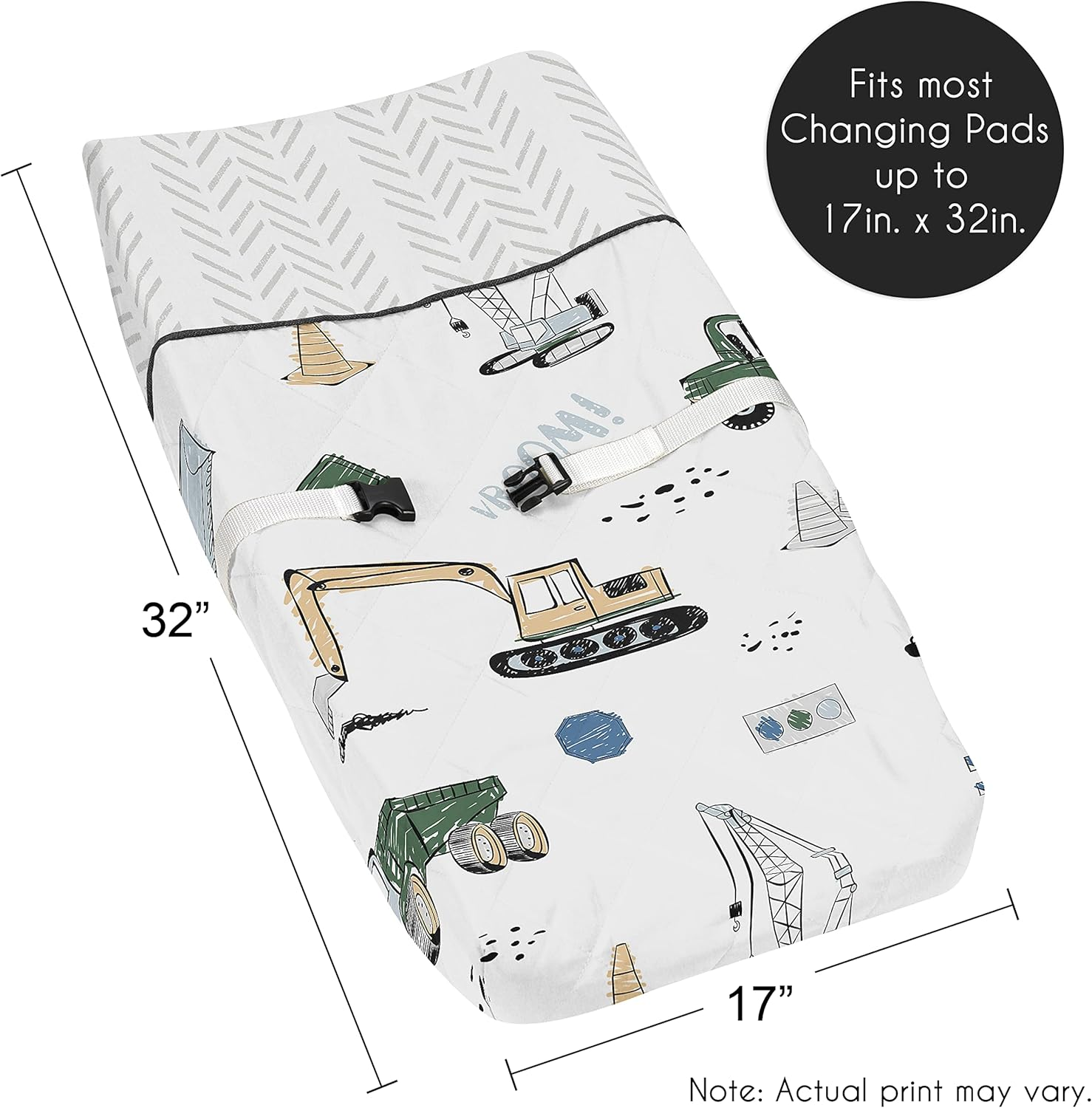 Sweet Jojo Designs Construction Truck Boy Baby Nursery Changing Pad Cover - Grey Yellow Black Blue and Green Transportation Chevron Arrow - Multicolor image number 2