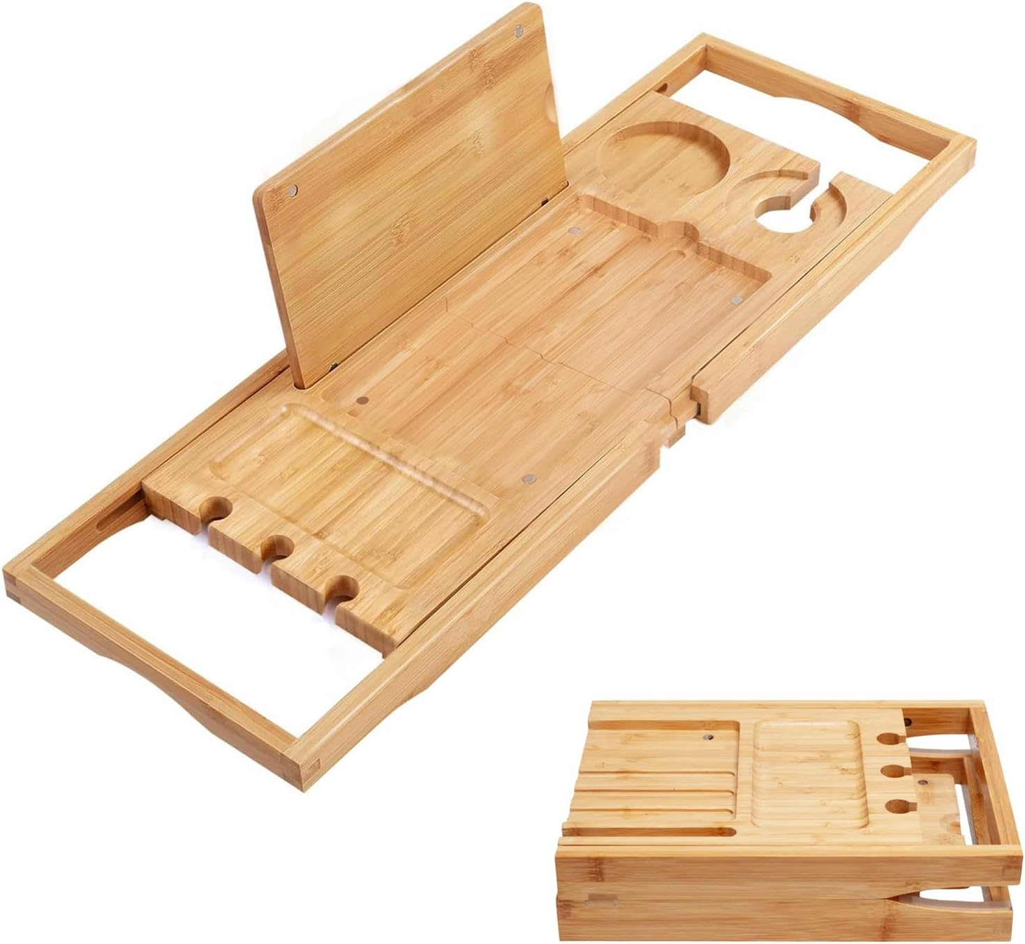 Utoplike Bamboo Bathtub Caddy Tray Bath Tray for Tub, Adjustable Bathroom Bathtub Organizer with Book Tablet Wine Glass Cup Towel Holder (24.5"-37.4") image number 4