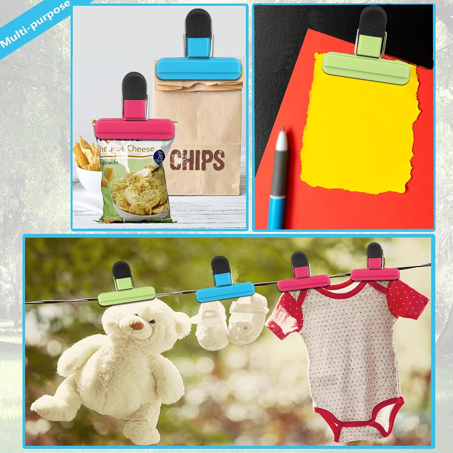 MEKEET Food Bag Clips for Food Storage Set of 9 Food Clips Kitchen Storage Clip Seal Clips,Sturdy,Airtight,Reusable 3 Colours for Keeping Food Fresh - Ideal for Home, Kitchen,Travel,Camping