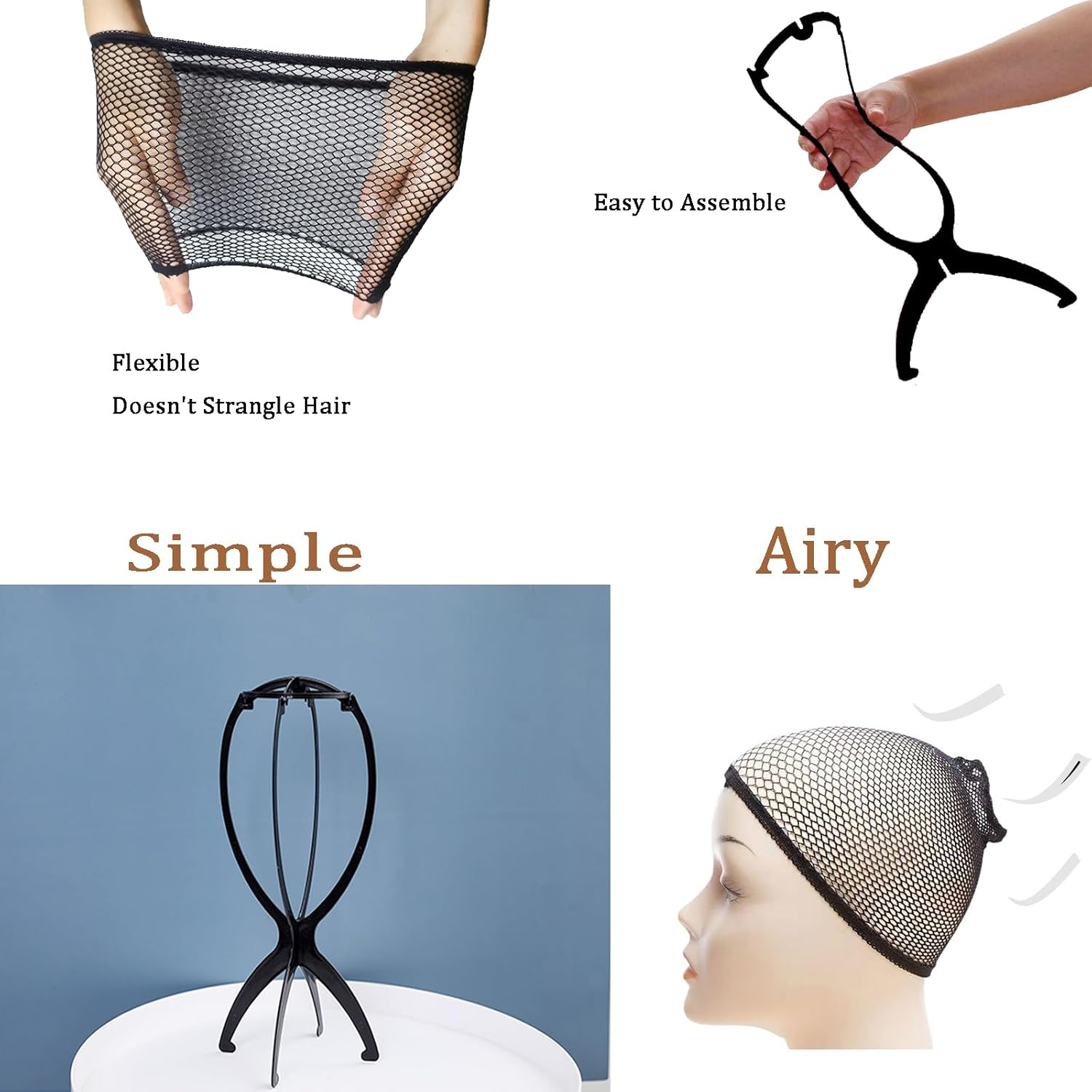 Youery 3 X Plastic Wig Stand, Wig Head, Wig Stand Set, Wig Hold, 3 Pieces Wig Net, 35 X 18 Cm, Black, Can Be Used for Hats and Wigs image number 1