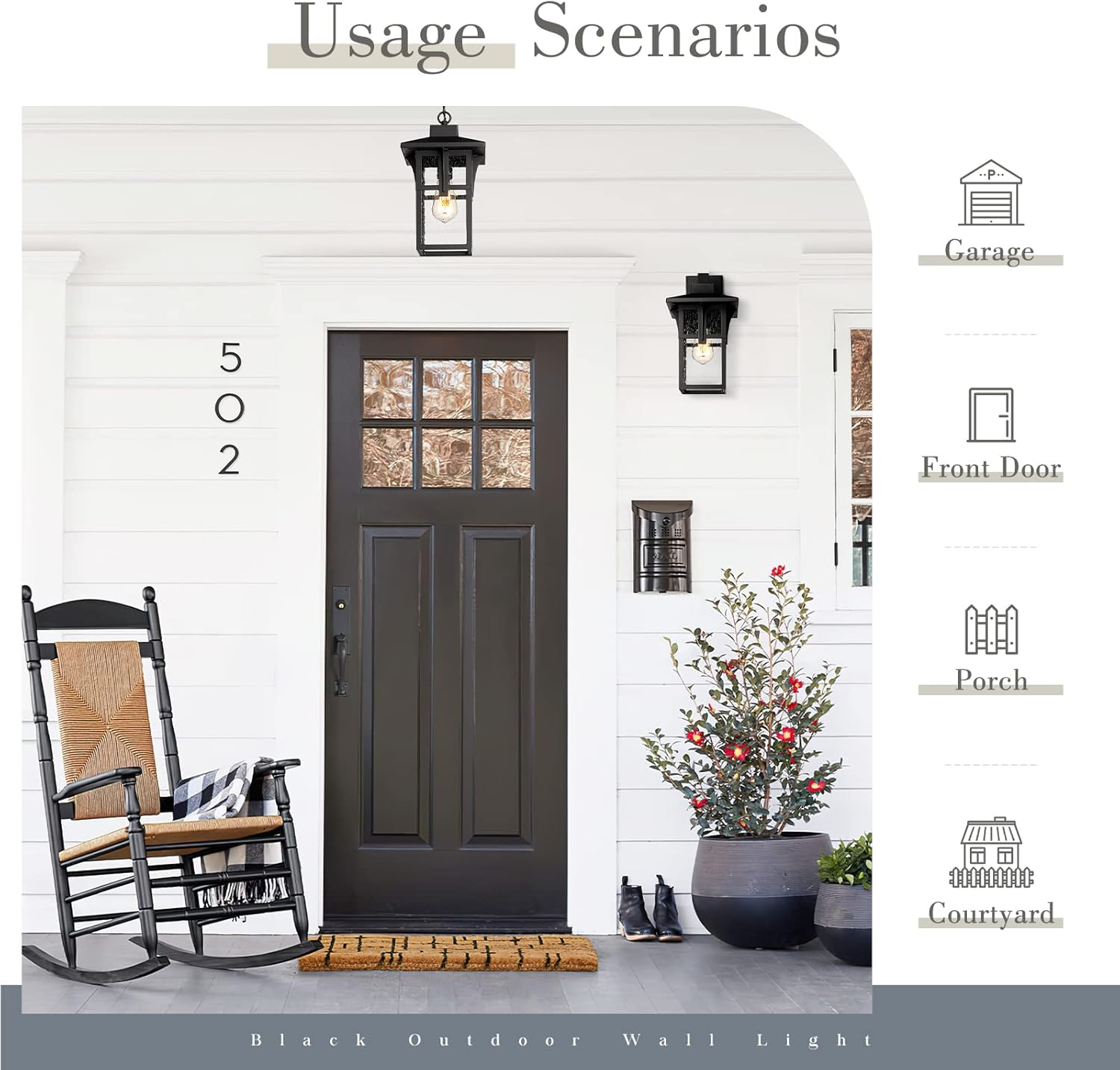 EMLIVIAR Exterior Ceiling Pendant Light for Hallway Porch, Modern Outdoor Hanging Light, Black Finish with Seeded Glass, AUX05H BK image number 3