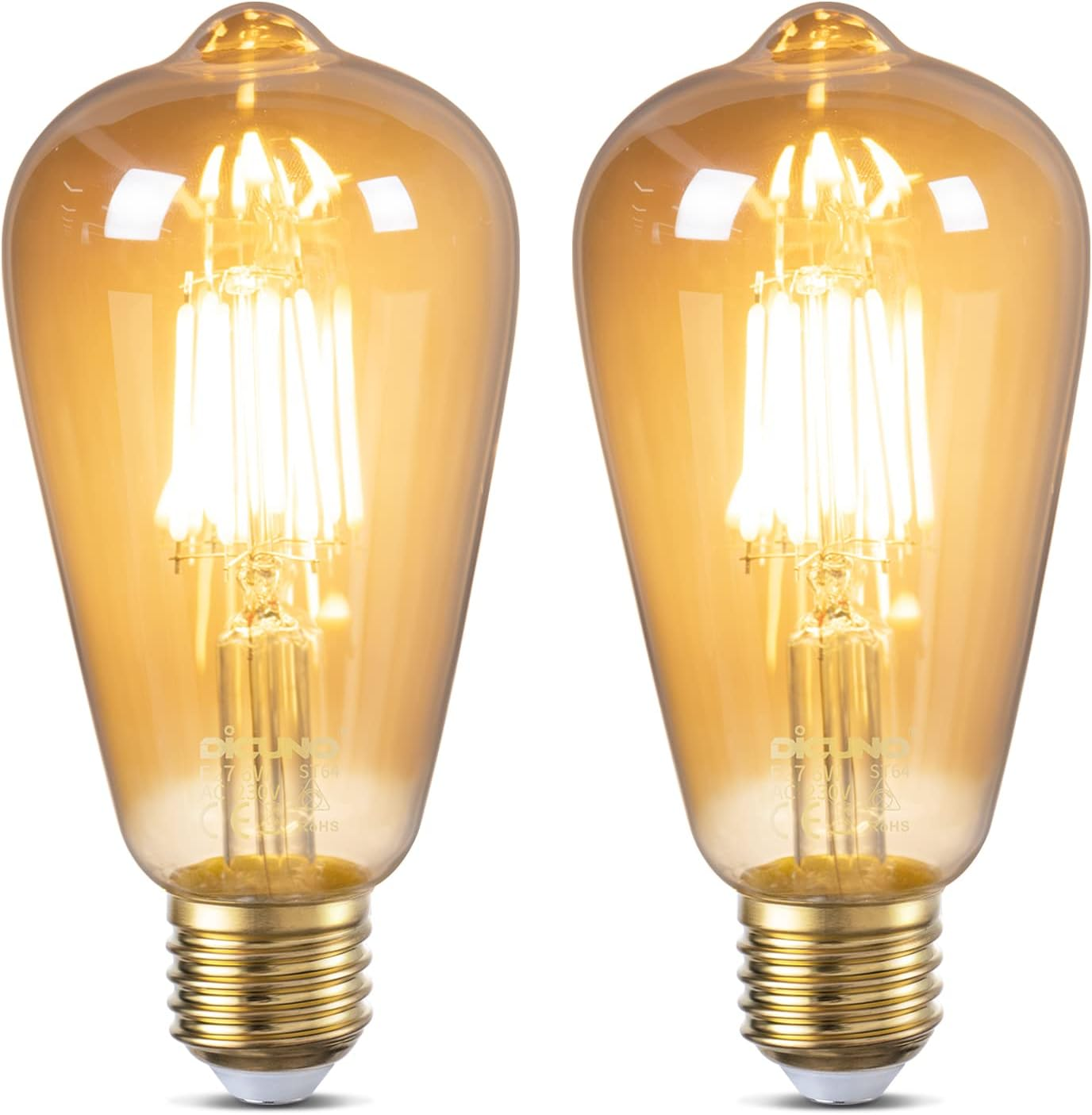 Dicuno E27 LED Edison Bulb, Vintage Light Bulb, 6W (60 Watt Equivalent), Retro Amber Warm Glass, 600LM, Warm White 2200K, Non-Dimmable, 2-Pack