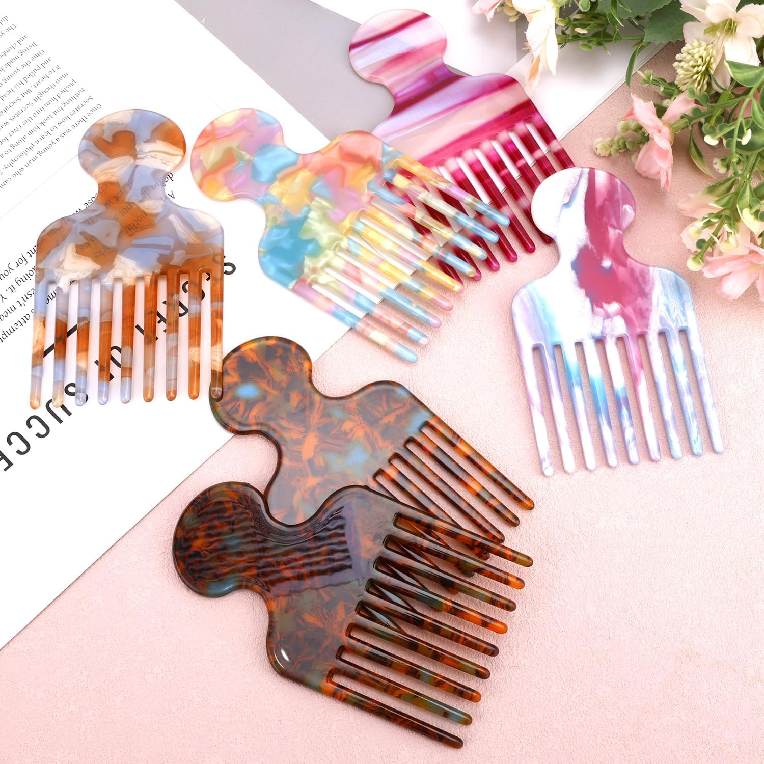 6Pcs Wide Tooth Hair Pick Comb, 6 Colors Smooth Sturdy Detangling Lift Combs Hair Styling Tools for Women Men Barber Supplies image number 1