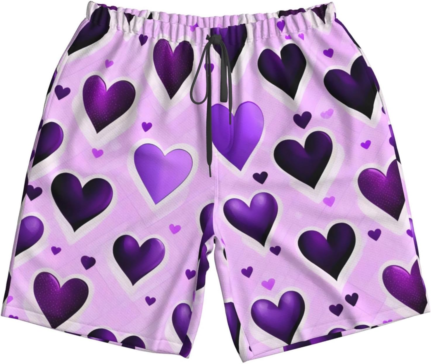 Fashional Purple Hearts Print Mens Swim Trunks Quick Dry Bathing Suits Summer Holiday Beach Board Shorts Pockets image number 2