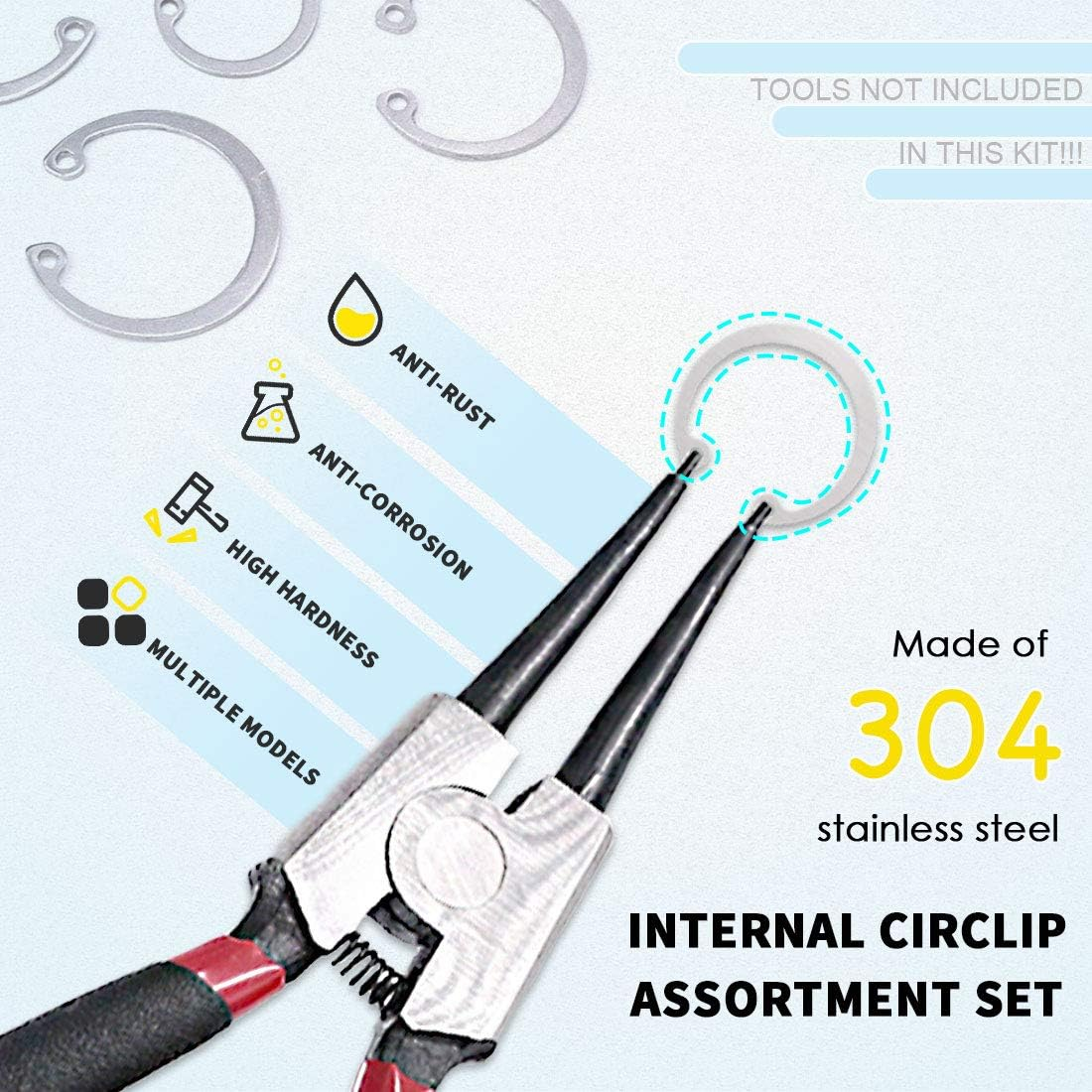 Hilitchi 200-Pcs [15-Size] Internal Circlip Snap Retaining Clip Ring Assortment Set - 304 Stainless Steel image number 5
