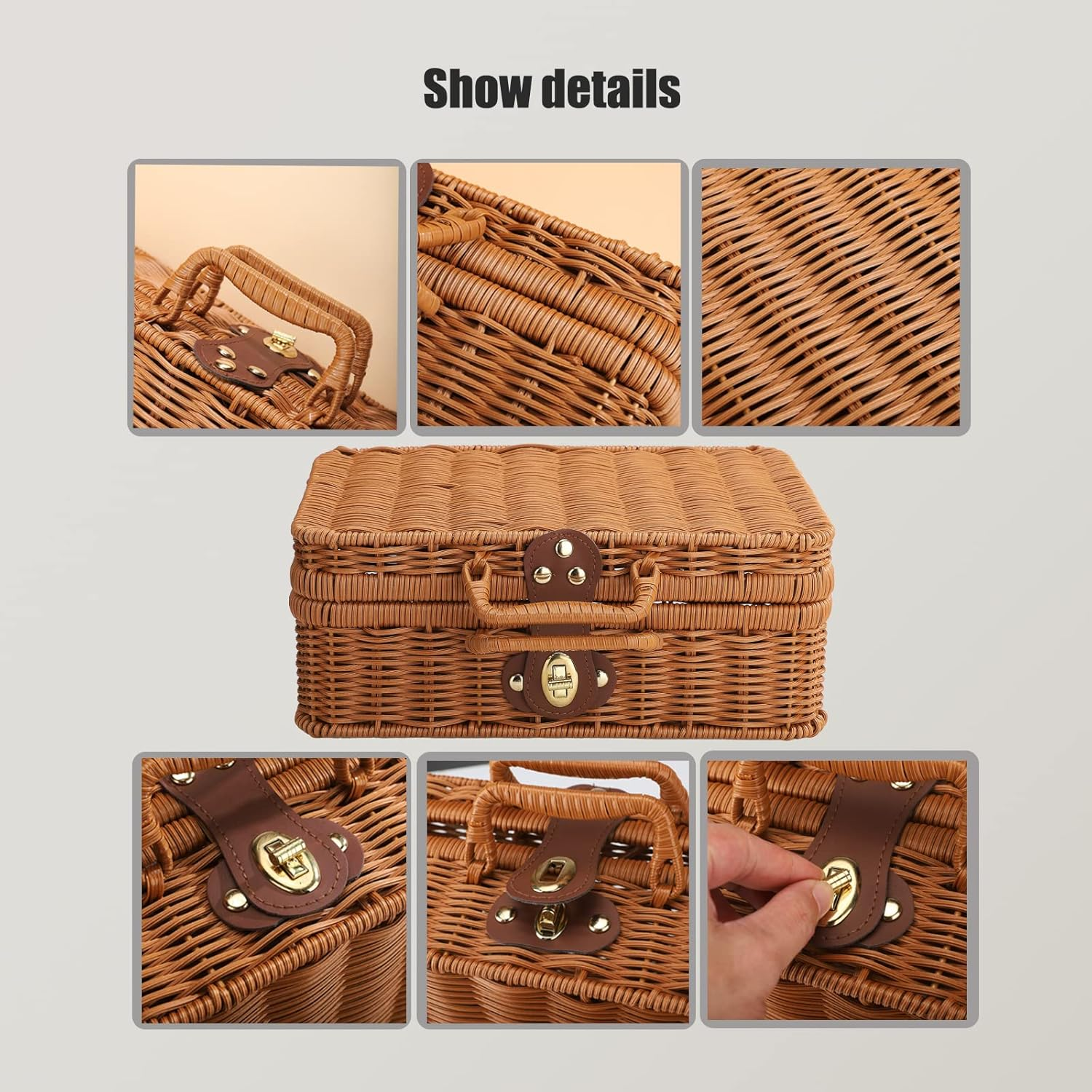 Retro Plastic Wicker Suitcase,Rattan Suitcase Box with Leather Strap Lock,Wicker Picnic Basket Storage Box,Suitcase Basket Rattan Storage Basket for Picnic outside Party (A1) image number 3