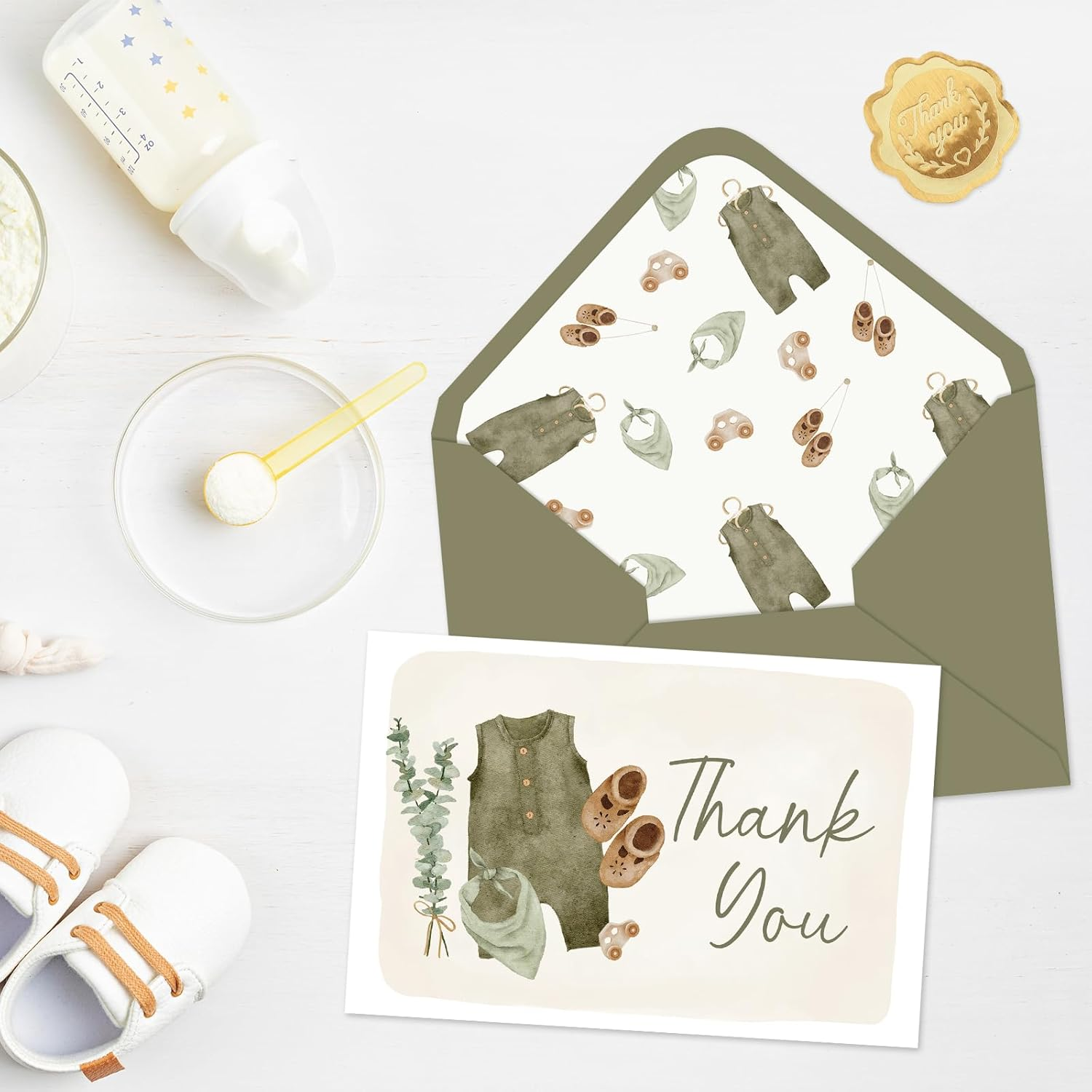 24 Pack Baby Shower Thank You Cards Green Baby Cloth Note Cards with Envelopes Stickers Greeting Blank Card for Boy Birthday Baby Shower image number 2