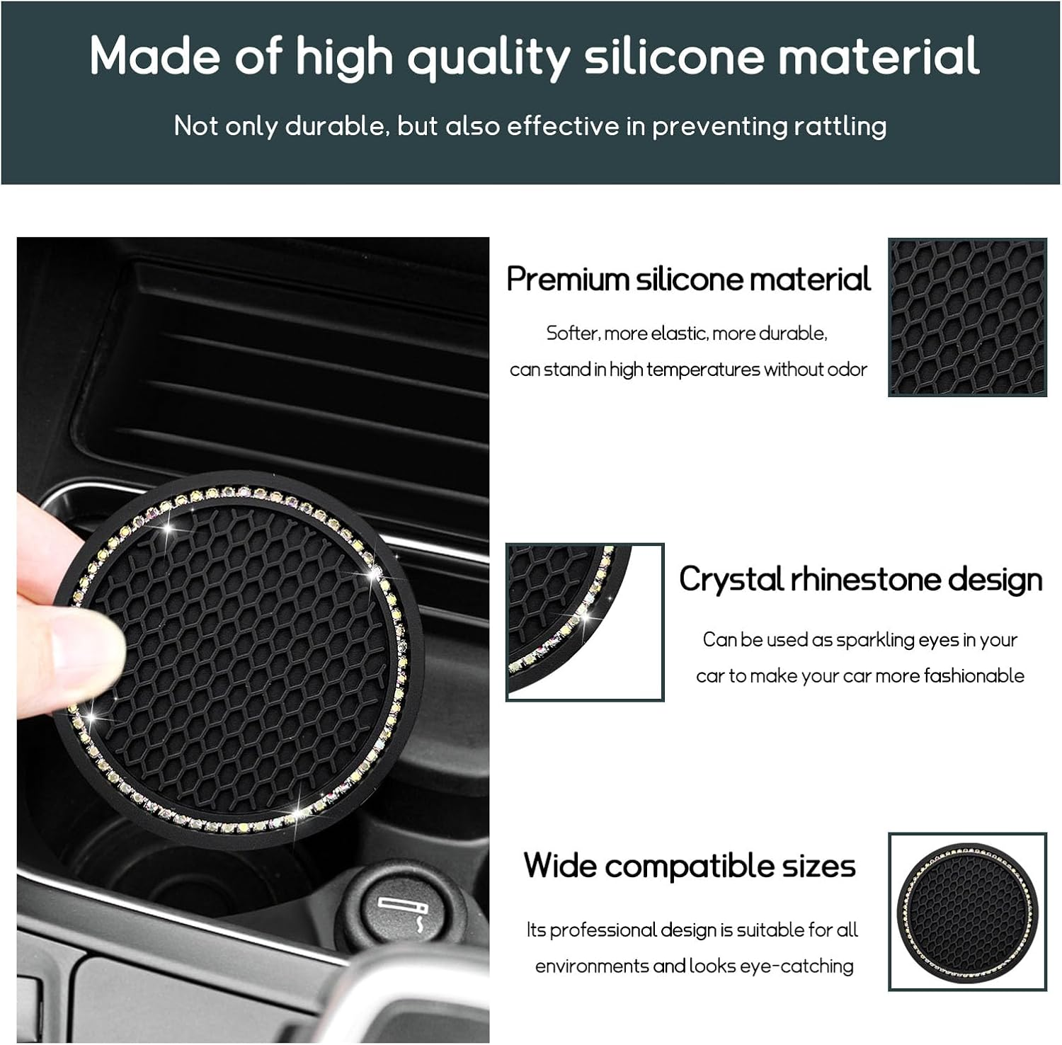 4 PCS Bling Car Cup Coaster, 2.75 Inch Crystal Rhinestone Auto Cup Holder Insert Coaster, Anti-Slip Durable Car Drink Cup Mat, Universal Vehicle Interior Decor Accessories (Black & AB) - Black  Colorful image number 5