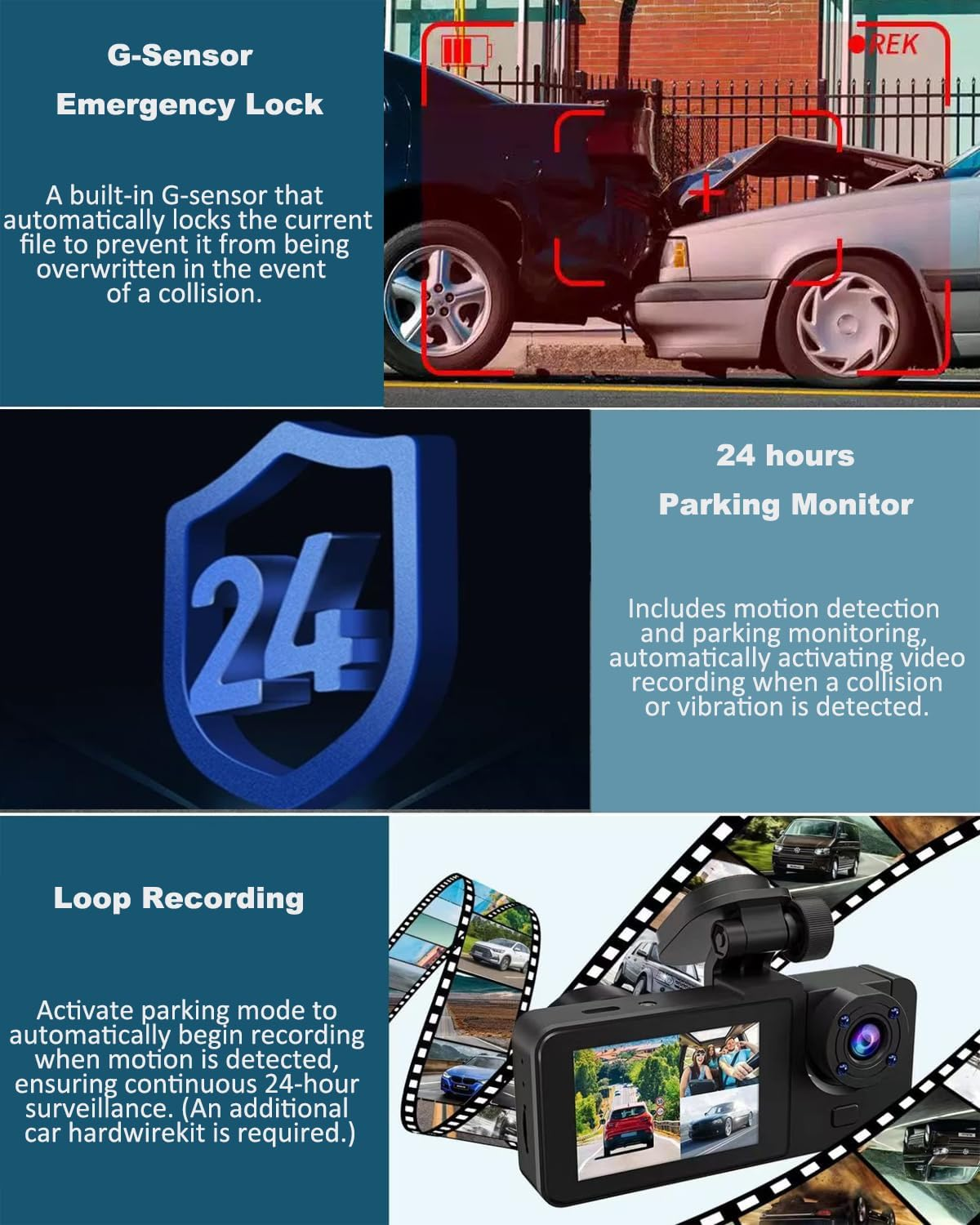 3 Channel Dash Cam Front and Rear inside for Cars, Full UHD Car Camera with 32GB Card, IR Night Vision, 3.18&rdquo; IPS Screen, 176&deg; Wide Angle, 24H Parking Monitor, G-Sensor, Loop Recording image number 4