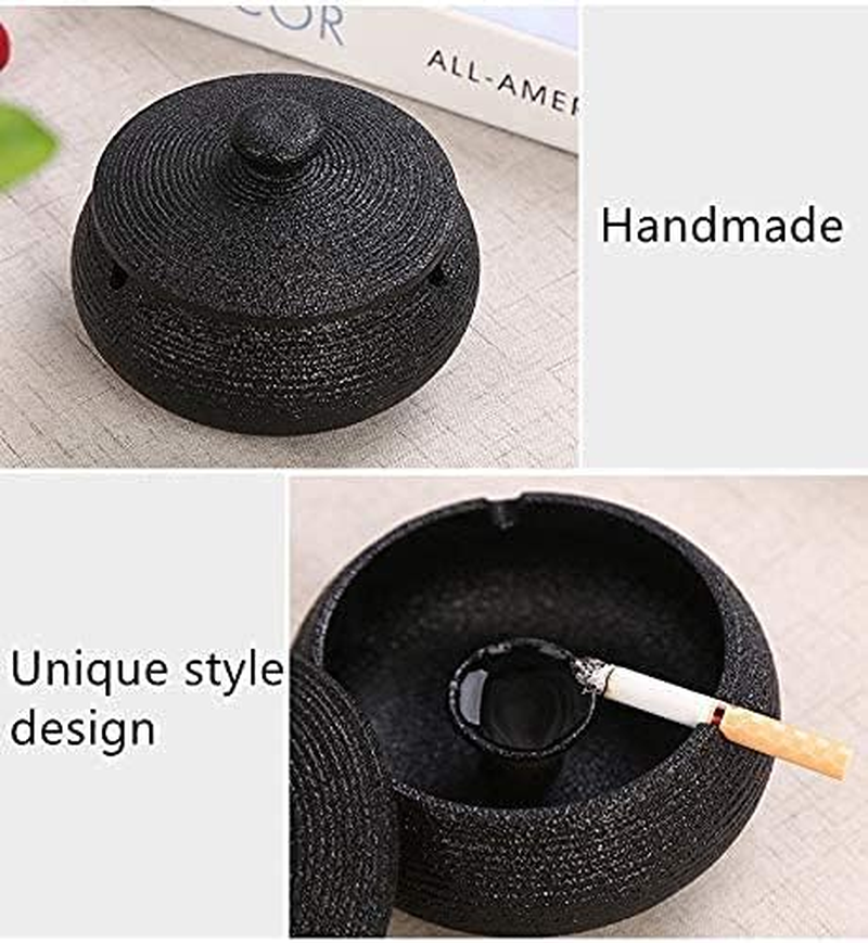 Handmade Ceramic Ashtray with Lids,Desktop Smoking Ash Tray for Office Decoration, Windproof Ashtray, Cigarette Ashtray for Outdoor Use，Ash Holder for Smokers (021-Black) - 021-Green image number 6