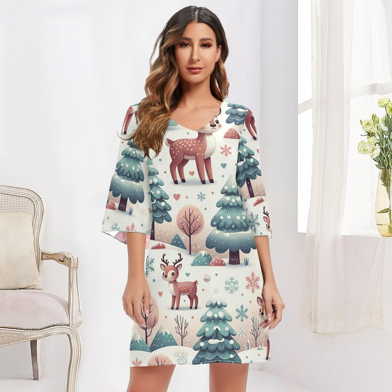 Playful Cute Deer Elegant V Neck Dress 3/4 Sleeve Maternity Dress Party image number 4