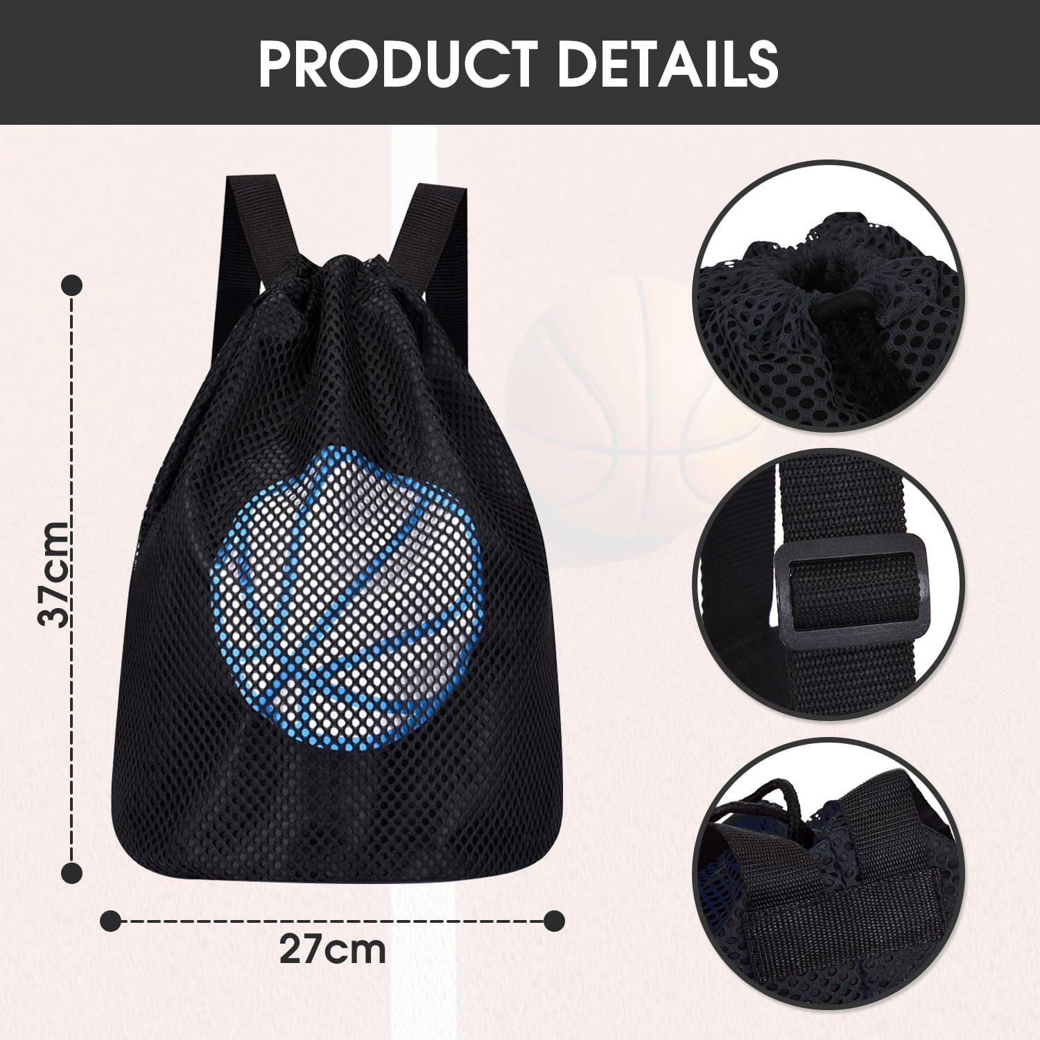 Sonicefit Drawstring Backpack Basketball Bag, Foldable Sports Sackpack Gym Bag for Boys Girls, Lightweight Gym Sack String Bag Cinch Beach Swim Bag for Travel Soccer Football Rugby Swim image number 3