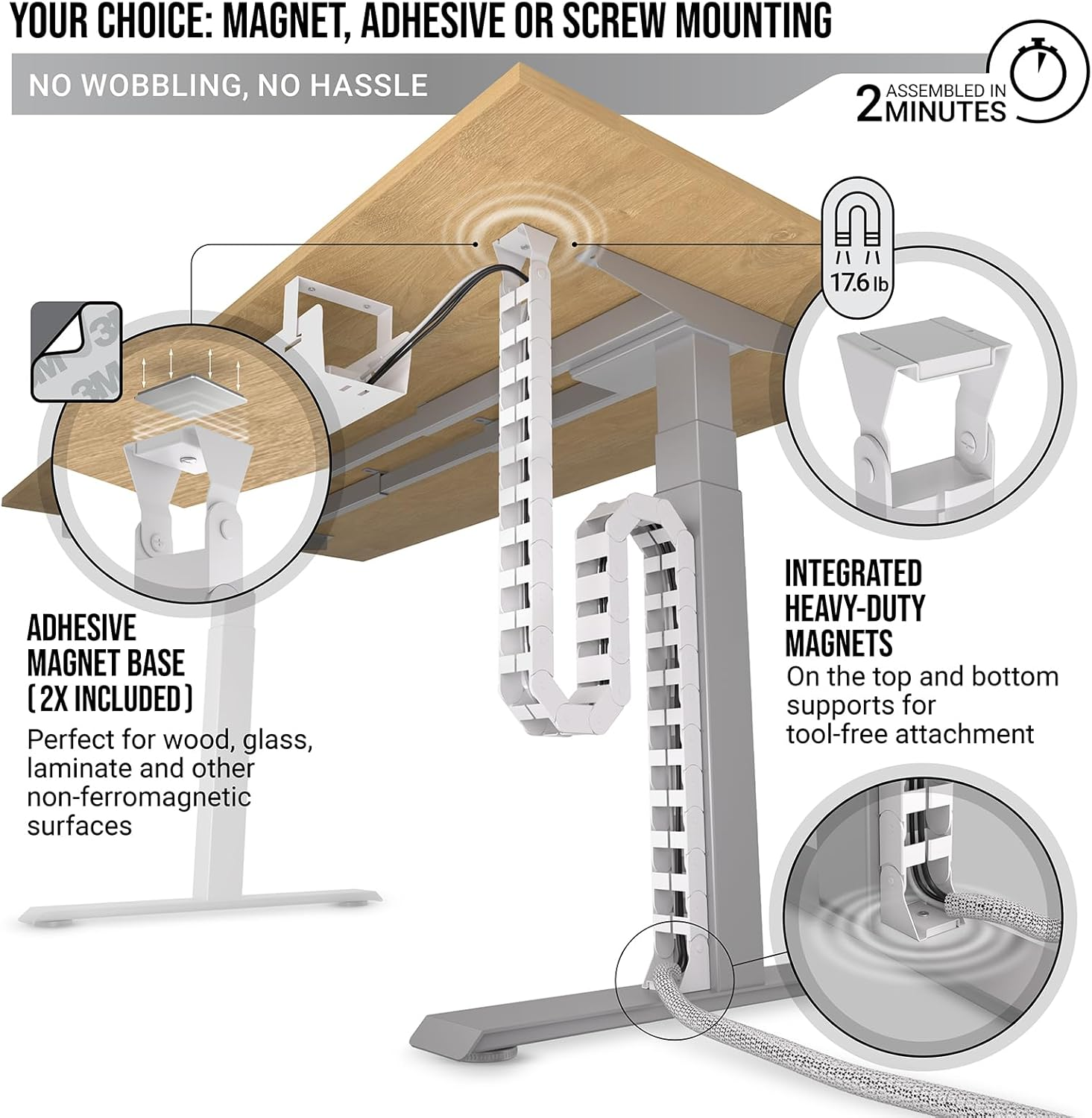 Under Desk Cable Management Vertebrae &ndash; Perfect for Sit Stand Desk Cable Management - Wire Management - Adjustable Length - Flexible Cable Spine - Chain Raceway Cable Management (White) - White image number 3