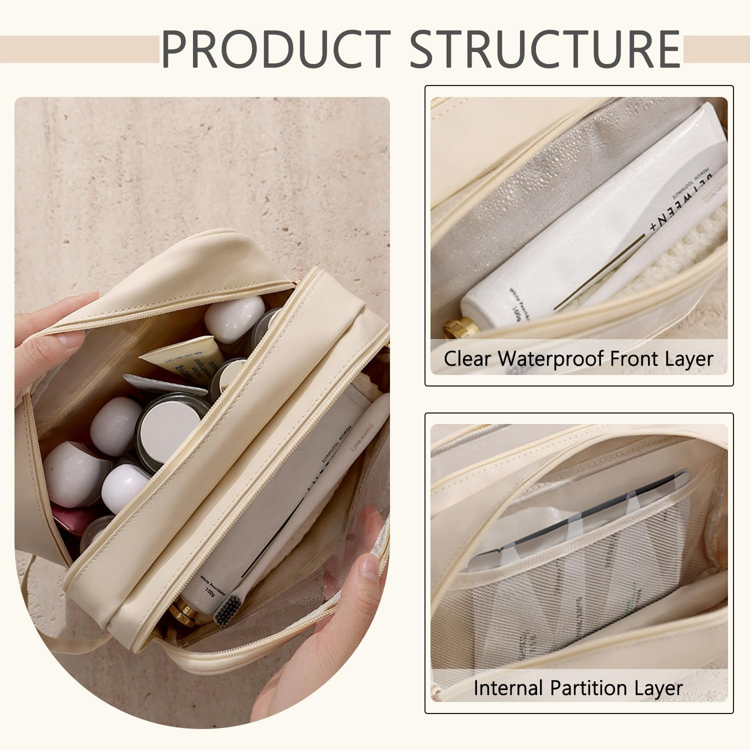 Portable Travel Waterproof Makeup Bag/Cosmetic Bag with Golden Zip for Women and Girls/Wide Open Cosmetic Organiser Made of PU Leather with Side Handle/Nail Polish & Makeup Brush, Navy, 25CM image number 4