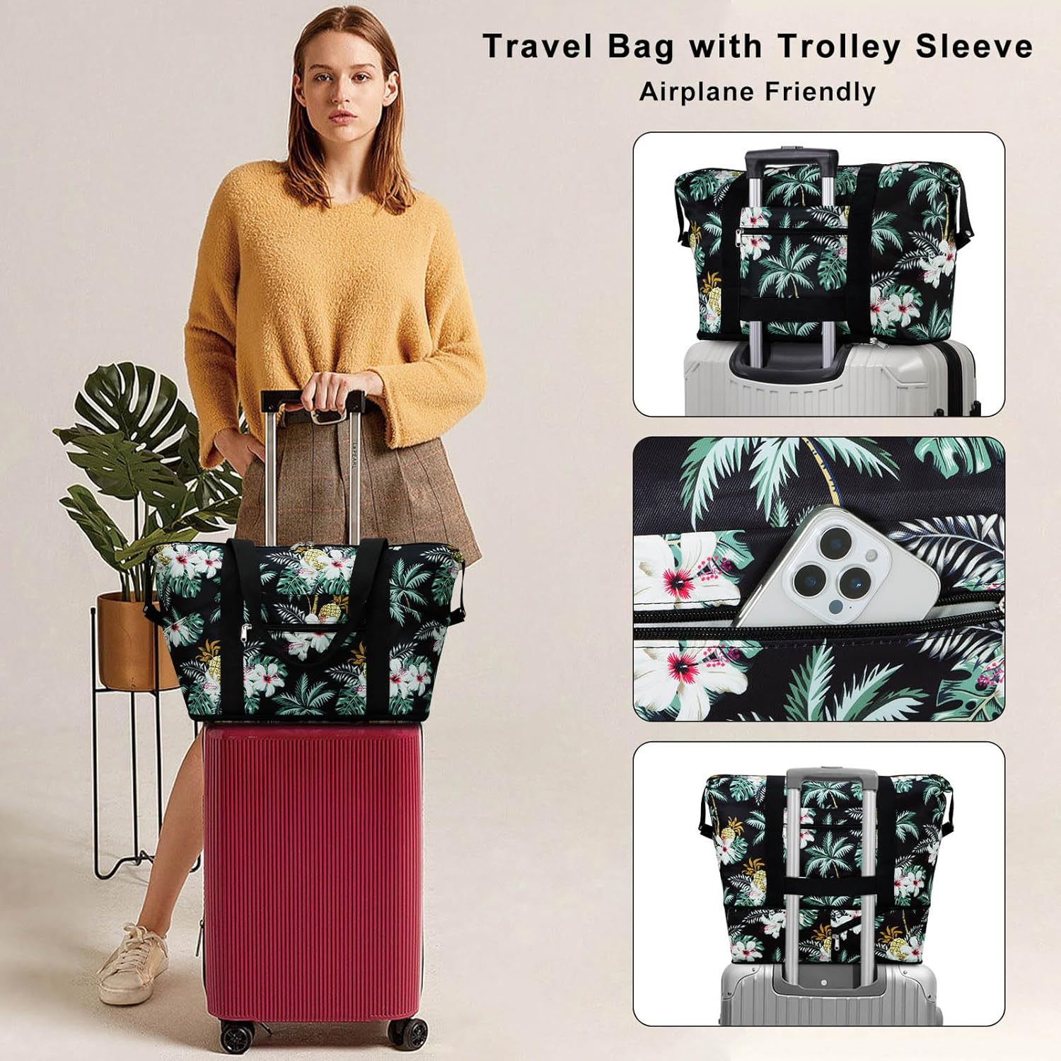 HAWEE Expandable Duffel Bag for Women with Trolley Sleeve/Wet Pocket Weekender Travel Tote Large Carry on Overnight Luggage - Beige Flower image number 7