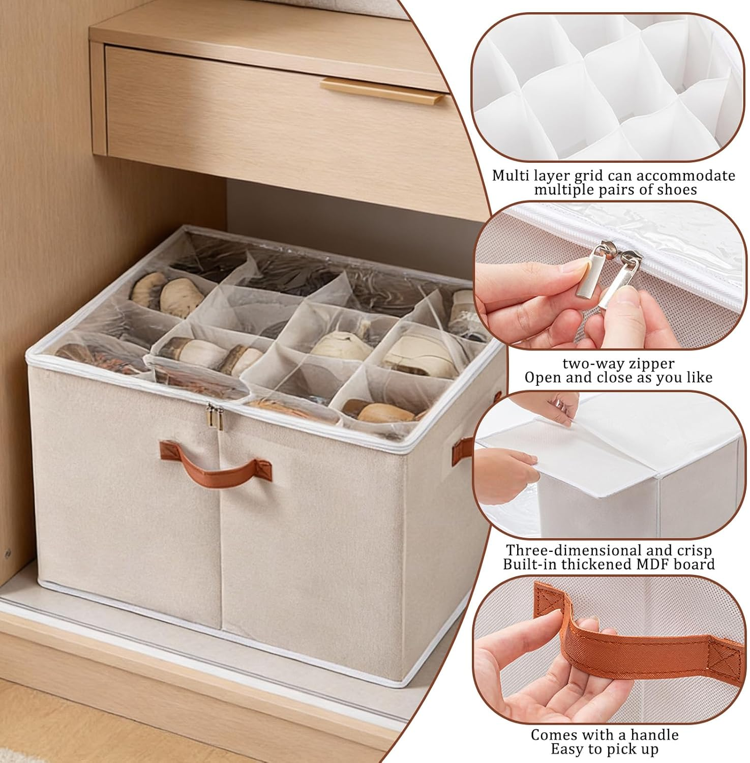 2Pcs Shoe Organizer, Clear Shoe Storage Box, Fits up to 16-32 Pairs, Foldable Shoe Box, Fabric Shoe Storage Bins with Clear Cover, Home Storage & Organisation image number 6