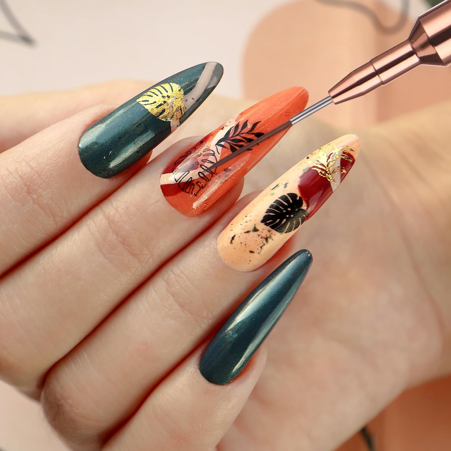 WLLHYF 5Pcs Nail Art Liner Brushes, Painting Nail Art Brushes for Long Lines, Details, Fine Drawing Nail Dotting Drawing Tool Set 7Mm/9Mm/11Mm/15Mm/25Mm - Pink Greenish image number 7