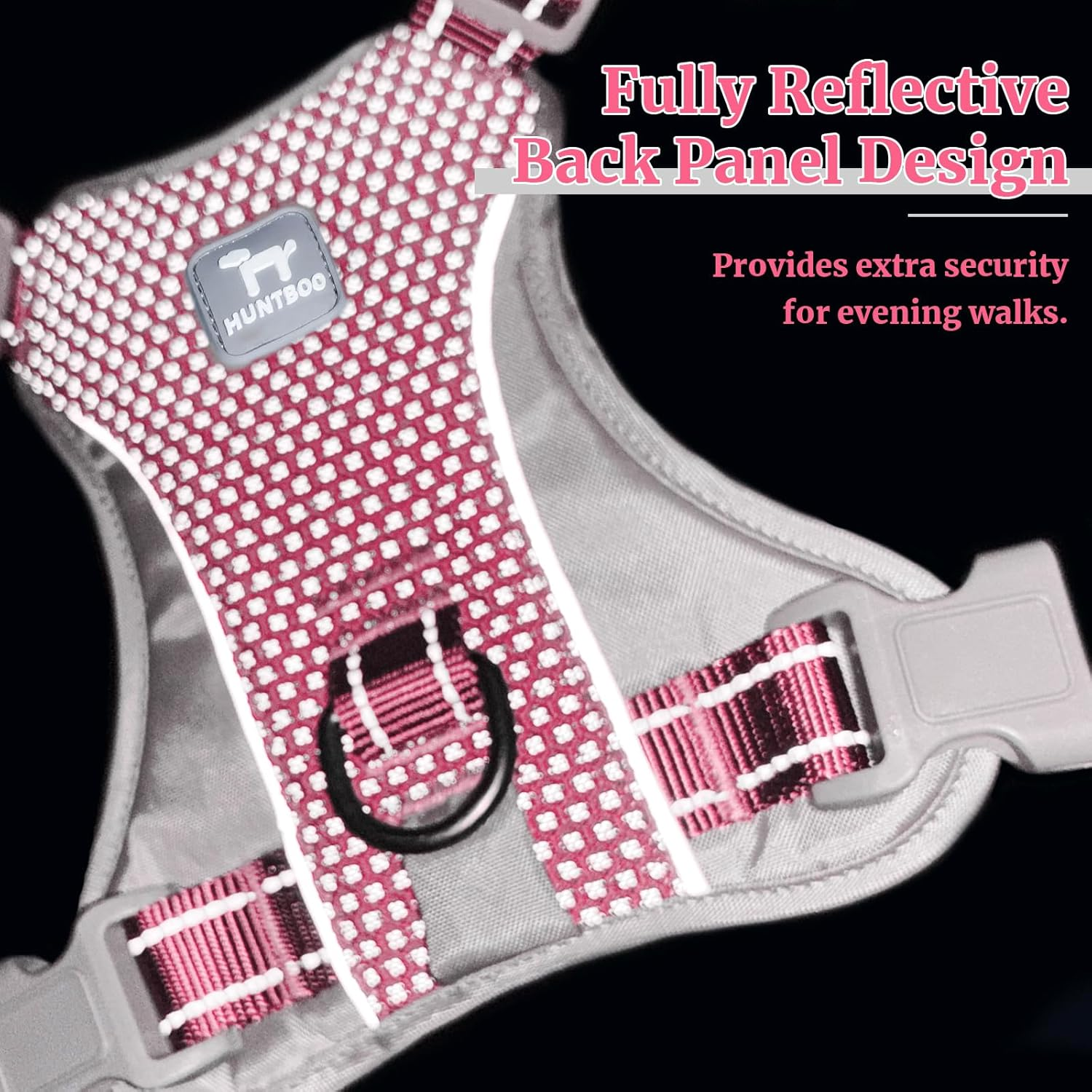 Huntboo No-Pull Dog Harness, Fully Reflective Vest with 2 Leash Clips, No-Choke, Adjustable, Breathable & Durable for Small, Medium & Large Dogs Walking, Training, Running (Light Pink, L)