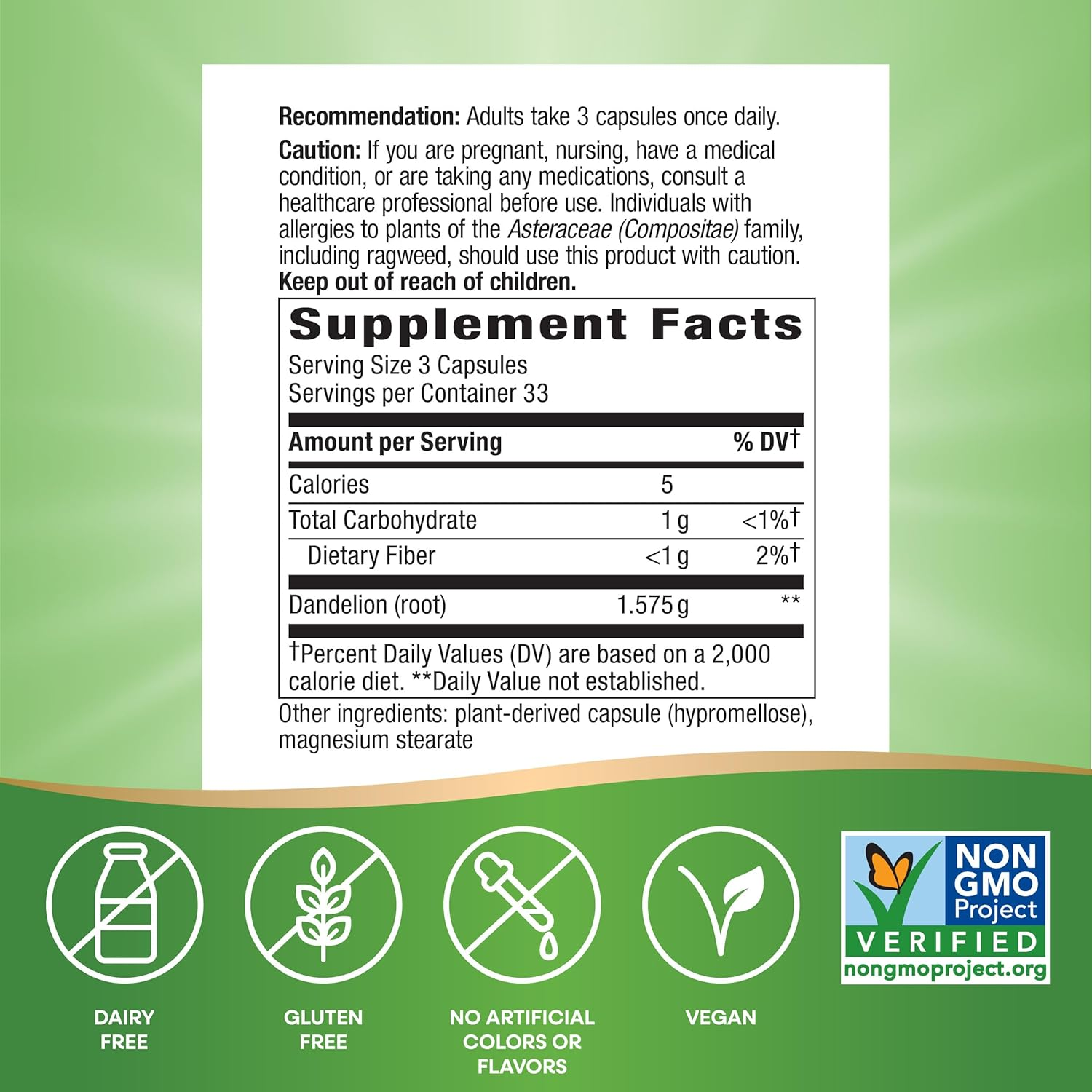 Nature'S Way Dandelion Root; 525 Mg Dandelion Root per Serving; Non-Gmo Project Verified; Gluten Free;Vegetarian;100 Vegetarian Capsules image number 4