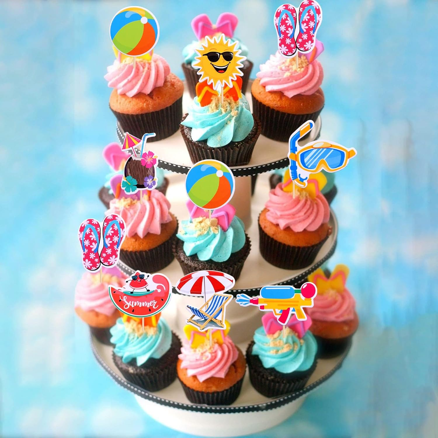 SYKYCTCY 32 Pack Summer Beach Pool Cupcake Toppers Ball Sun Umbrella Diving Goggles Watermelon Water Gun Slippers Cupcake Picks Baby Shower Hawaii Beach Pool Theme Birthday Party Cake Supplies image number 3