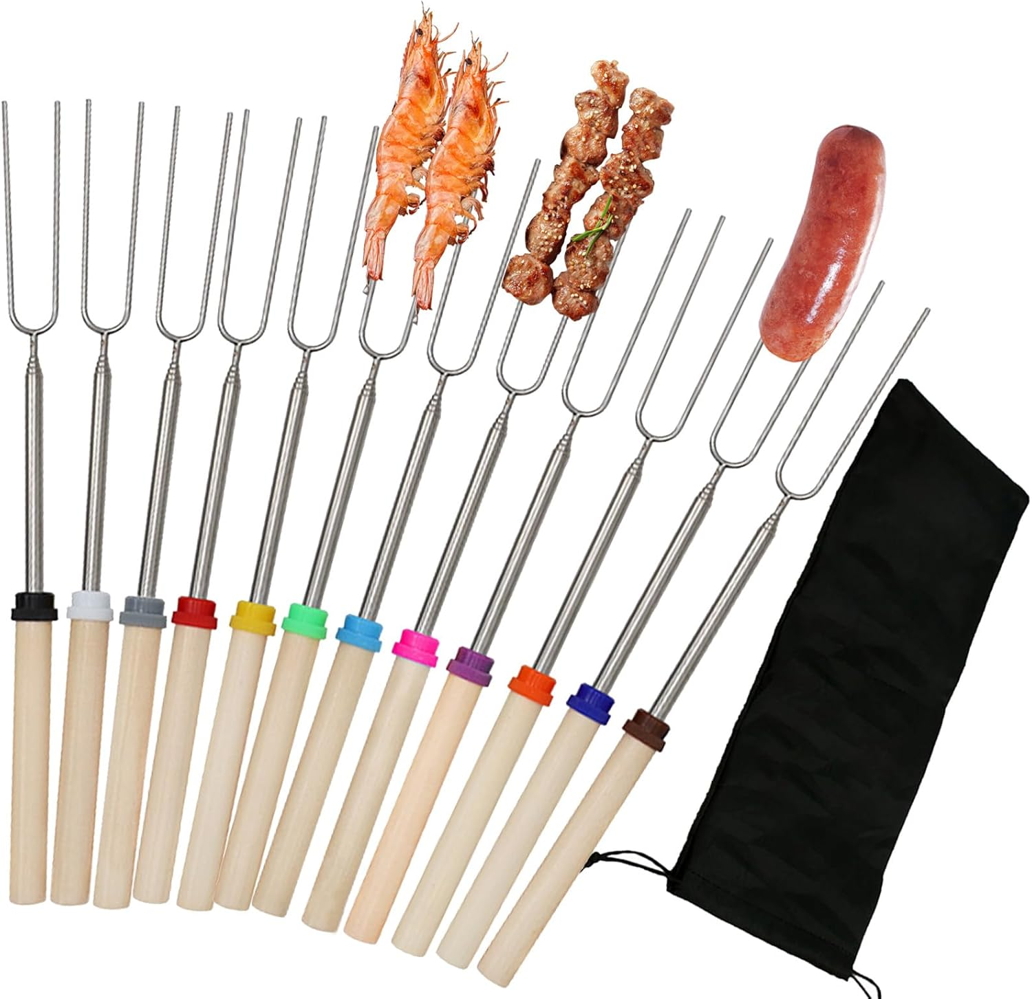 12 Pack U-Shape Marshmallow Toasting Kit, Extendable Stainless Steel Roasting Sticks with Canvas Pouch, Wooden Handle Hot Dog Skewers Toasting Fork for Camping, Picnic, Fire Pit, BBQ, Campfire Party image number 3