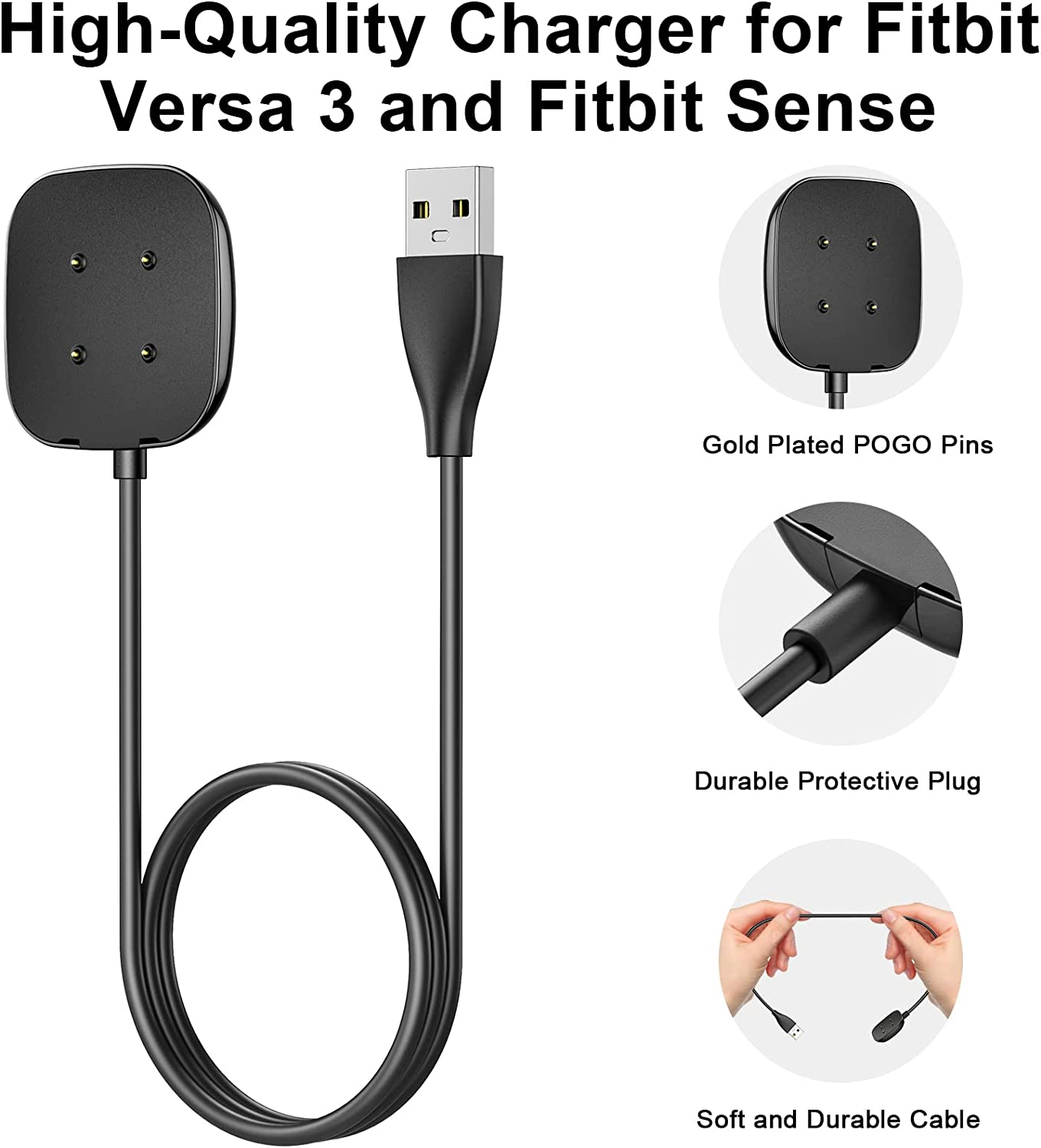 [2 Pack 1M+50CM] Magnetic Charger for Fitbit Versa 4 Chargers&Fitbit Versa 3 Chargers&Fitbit Sense 2 Chargers&Fitbit Sense Chargers, Replacement USB Charging Cable Dock for Fitbit Versa 4/3/Sense/2 image number 4