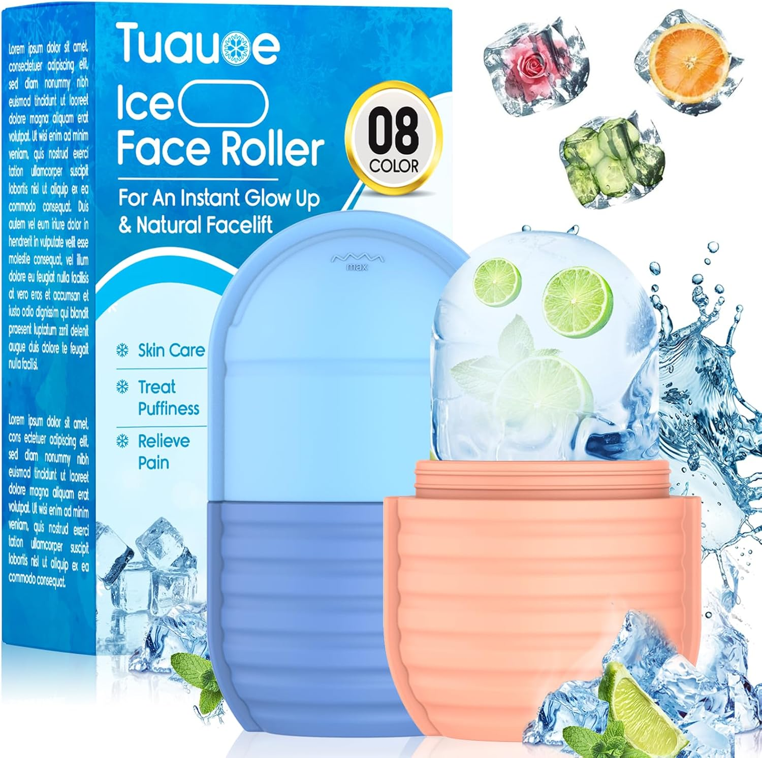 2Pcs Ice Roller for Face and Eye, Ice Face Roller, Reusable Silicone Ice Mold for Face, Facial Beauty Ice Roller Skin Care Tools for Shrink Pores anti Wrinkle Reduce Puffiness (Blue + Pink)