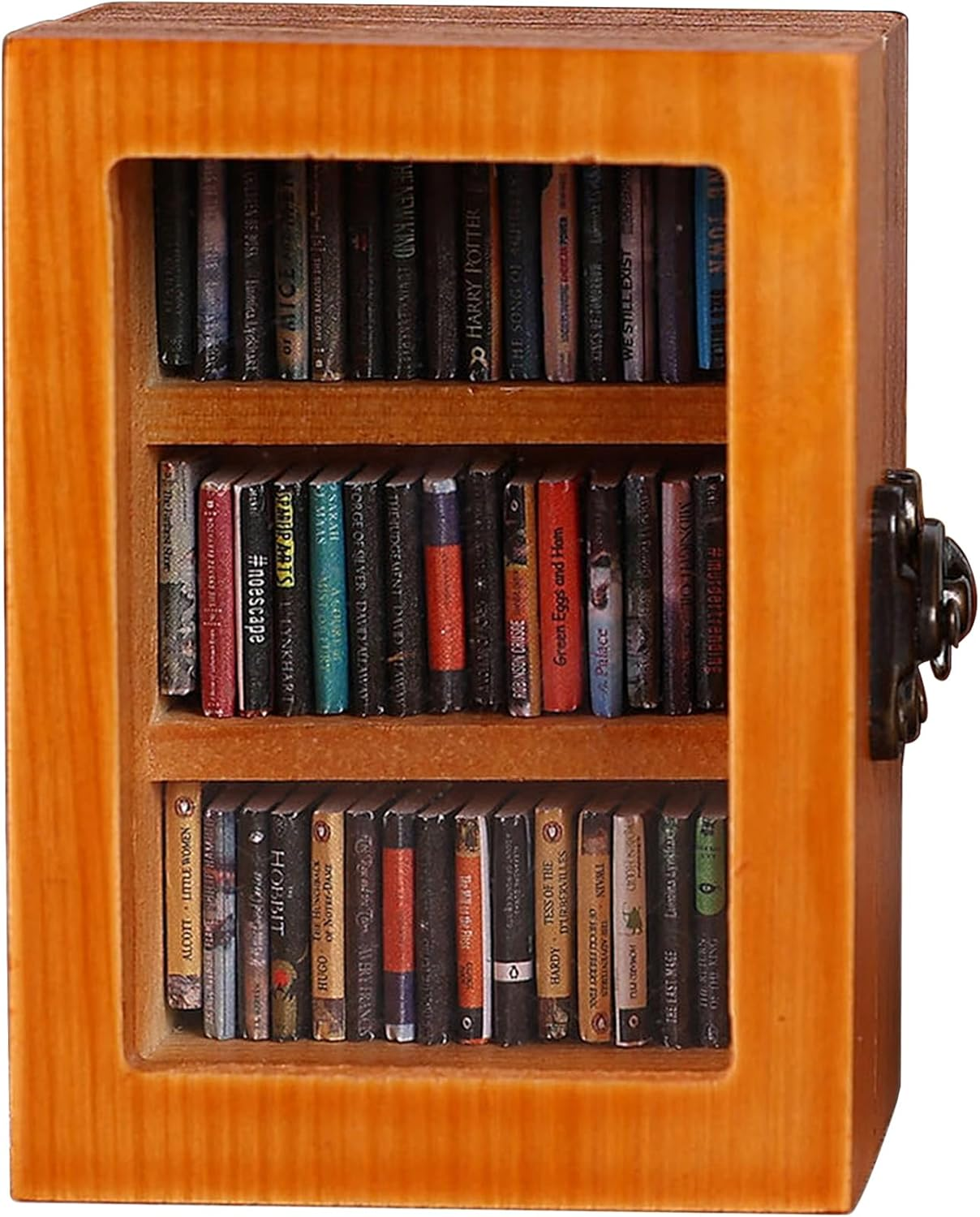 Miniature Book Library Decoration, Pocket Anxiety Bookshelf with 60 Mini Books, Handmade Antique Style Storage Display (Brown)