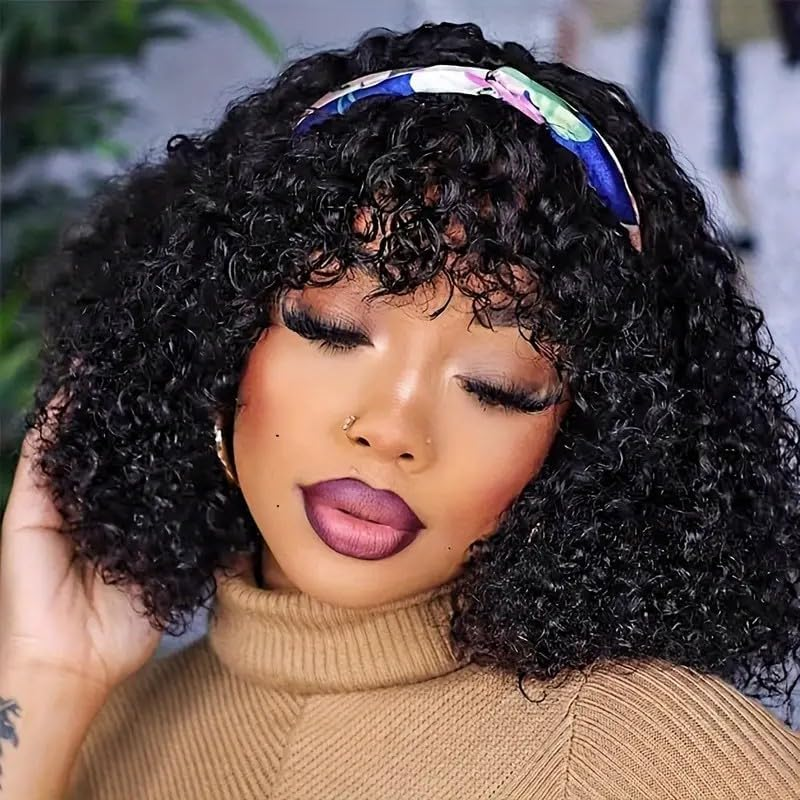 Real Hair Wig, 12 Inches, Short Kinky Curly Human Hair Wigs for Women, Bob Curly Wigs, Curly 180% Density, Human Hair Wig with Fringe Wigs, Brazilian Human Hair image number 1