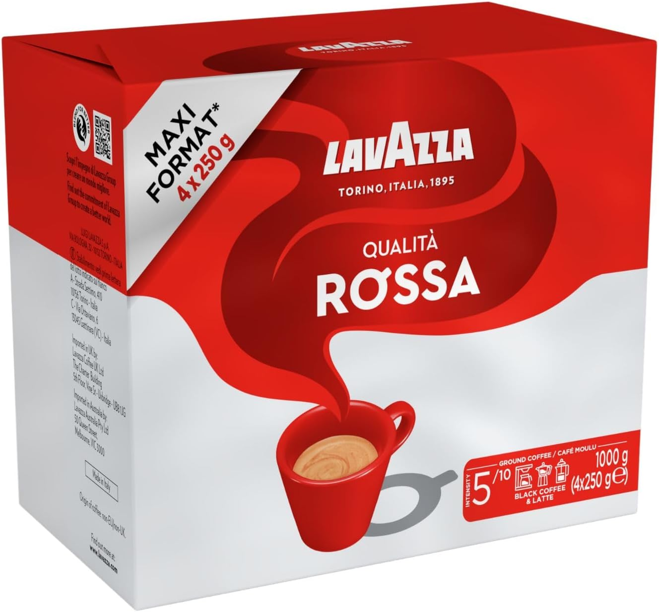Lavazza, Qualit&agrave; Rossa, Ground Coffee, 1 Kg, Ideal for Moka Pots, with Aromatic Notes of Chocolate and Dried Fruits, Arabica and Robusta, Intensity 5/10, Medium Roasting, 4 X 250 G image number 6