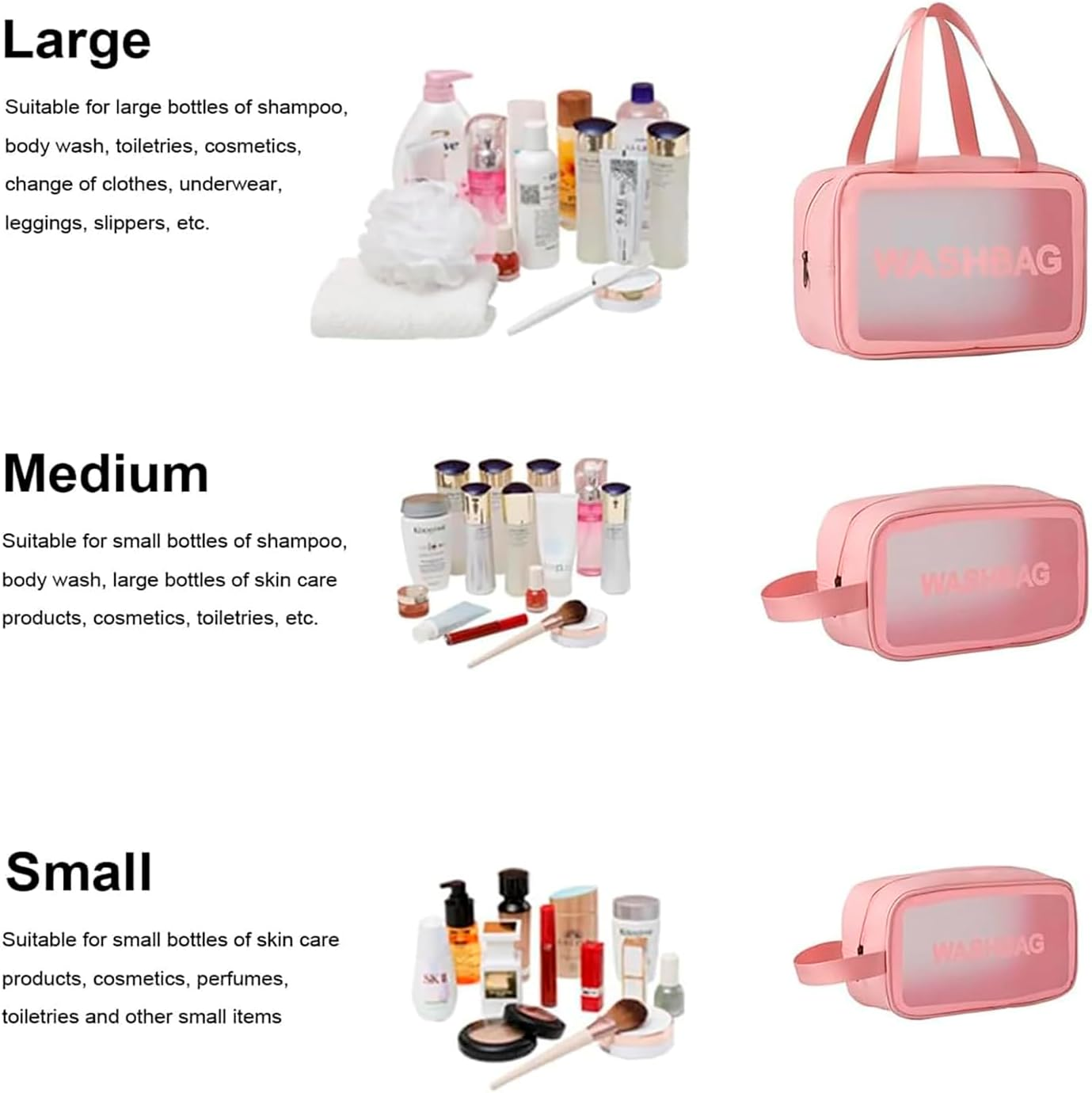 MUYIBENMU Travel Toiletry Bag for Women Men，Translucent Waterproof Travel Makeup Cosmetic Pouch Traveling Organizer for Toiletries, Cosmetic, Accessories，3 Cosmetic Bags, Quart Size (Pink) image number 4