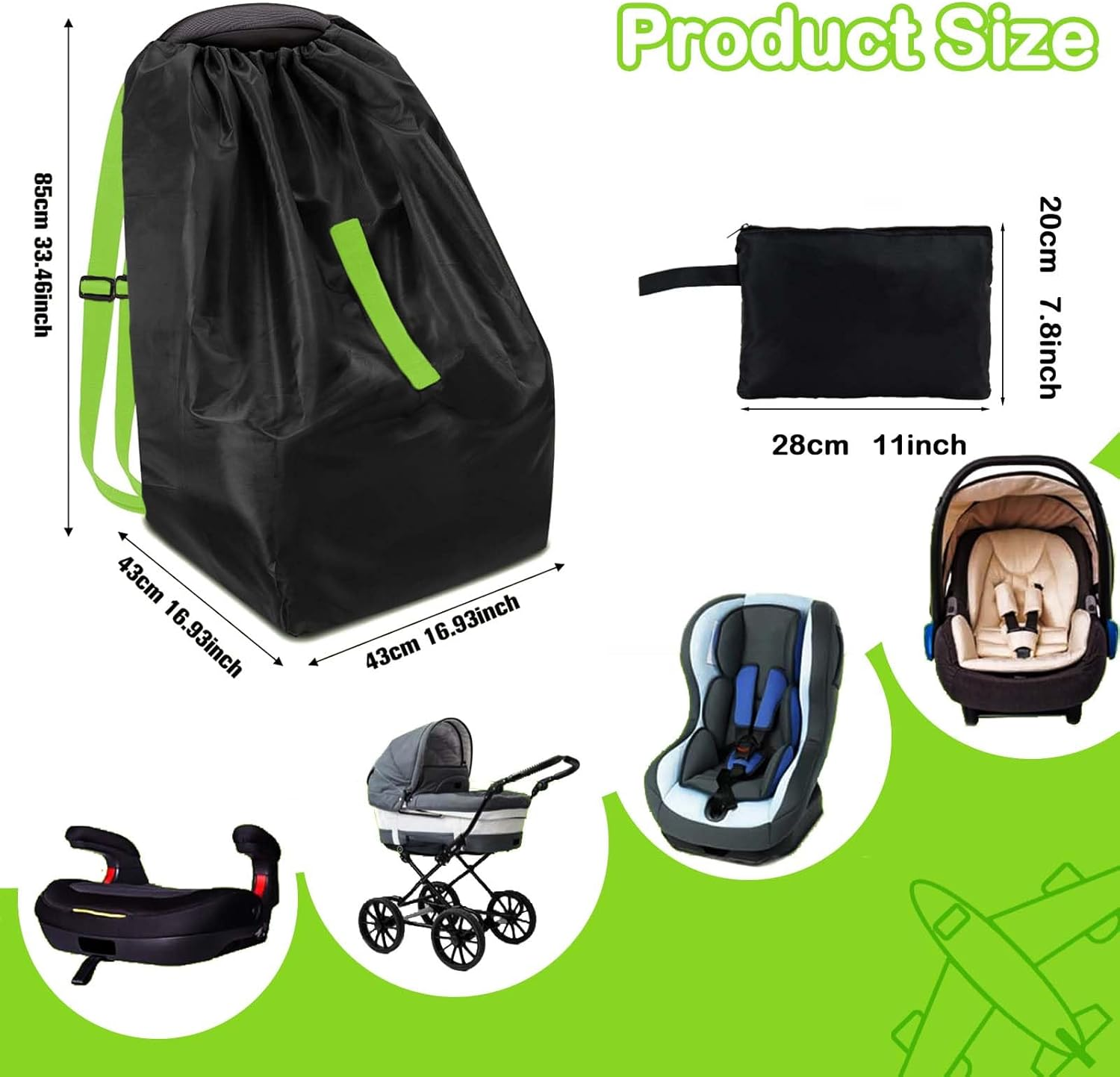 Baby Car Seat Travel Bag,Dust Water Resistant Easy Carry Gate Check Airport Protector Bag, Fits Convertible Car Seats, Booster Seat, Infant Car Seat Gate Check Bag Cover for Airplane (Green)