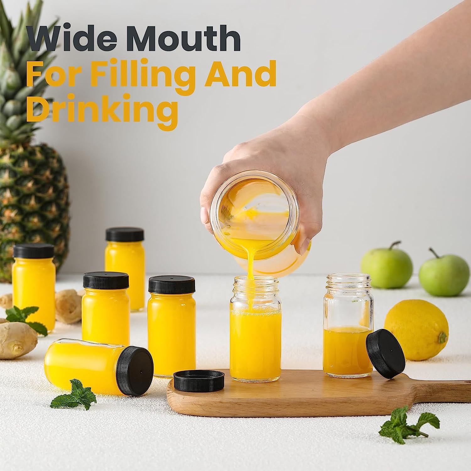 15 Pack 2 Oz Glass Shot Mini Bottles W/ Black Lids & 15 Labels - Small Clear Jar for Ginger, Wellness Shot, Juice, Sample, Whiskey - Travel Essentials - Wide Mouth, Leakproof, Dishwasher Safe image number 5