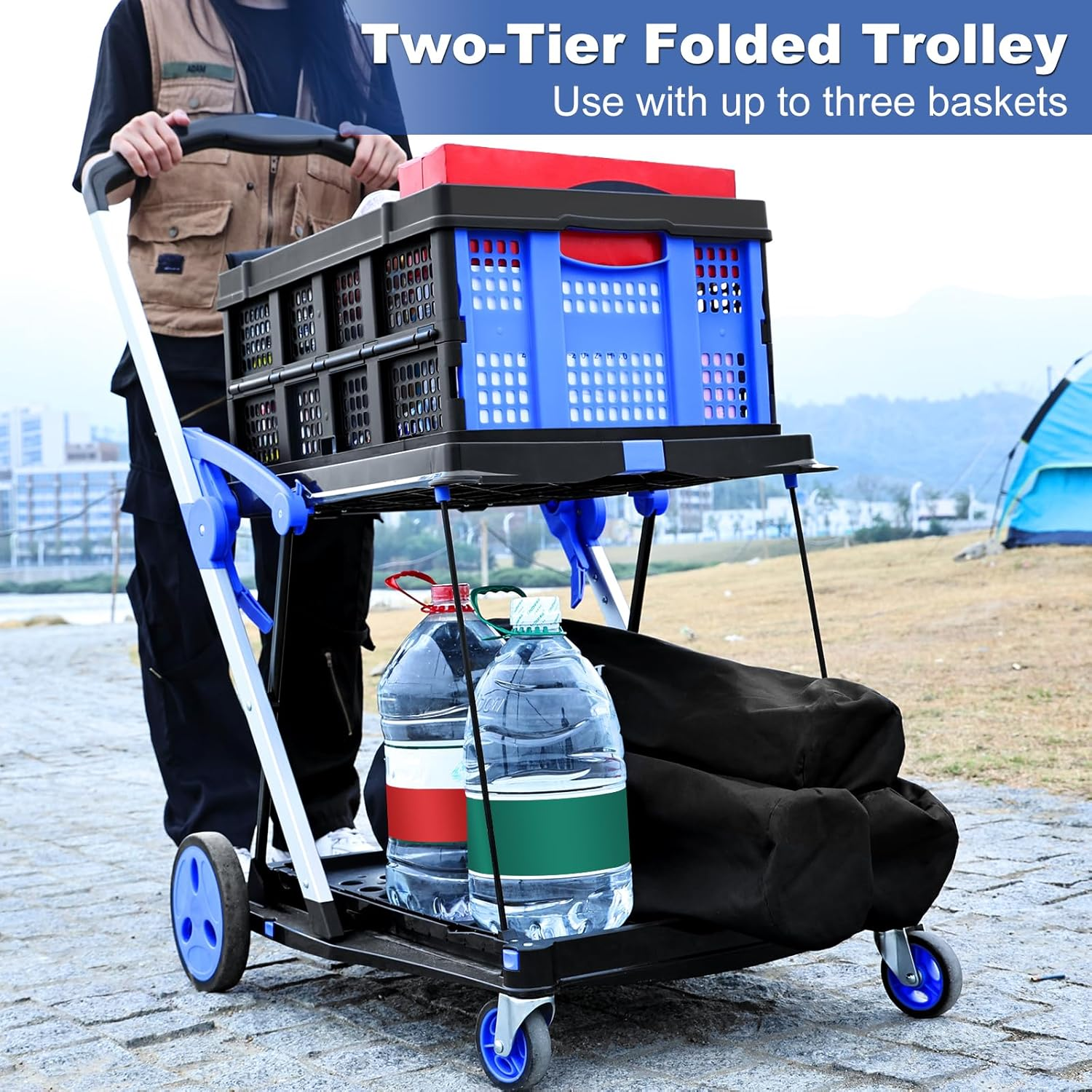OSWIN Folding Trolley with Wheels, Double Layer Portable Trolley Shopping Carts, Folding Shopping Cart with Storage Crate, Office Folding Cart, Multi Use Functional Collapsible Carts for Supermarket image number 6