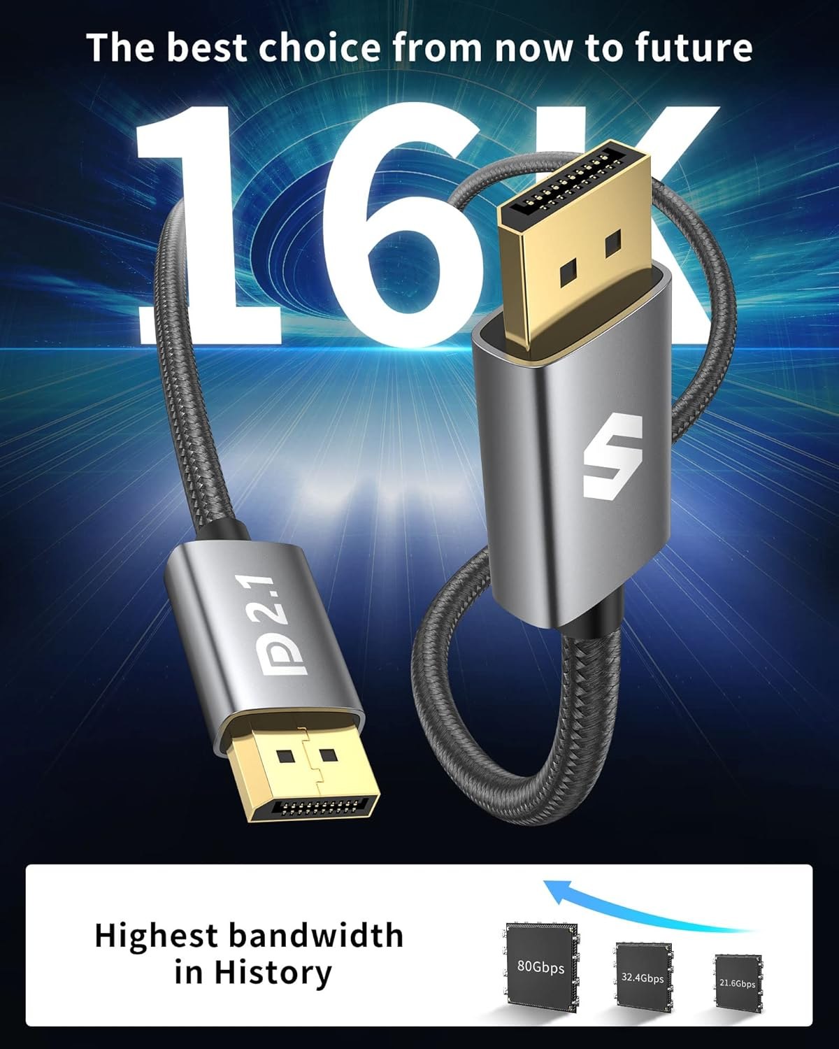 Silkland Displayport 2.1 Cable 1M, DP 2.0 Cable [16K@60Hz, 10K@60Hz, 8K@120Hz, 4K@240Hz 165Hz 144Hz] 40Gbps HDR, HDCP DSC 1.2A, Video Display Port 2.1 Cord Compatible Freesync G-Sync Gaming Monitor image number 2