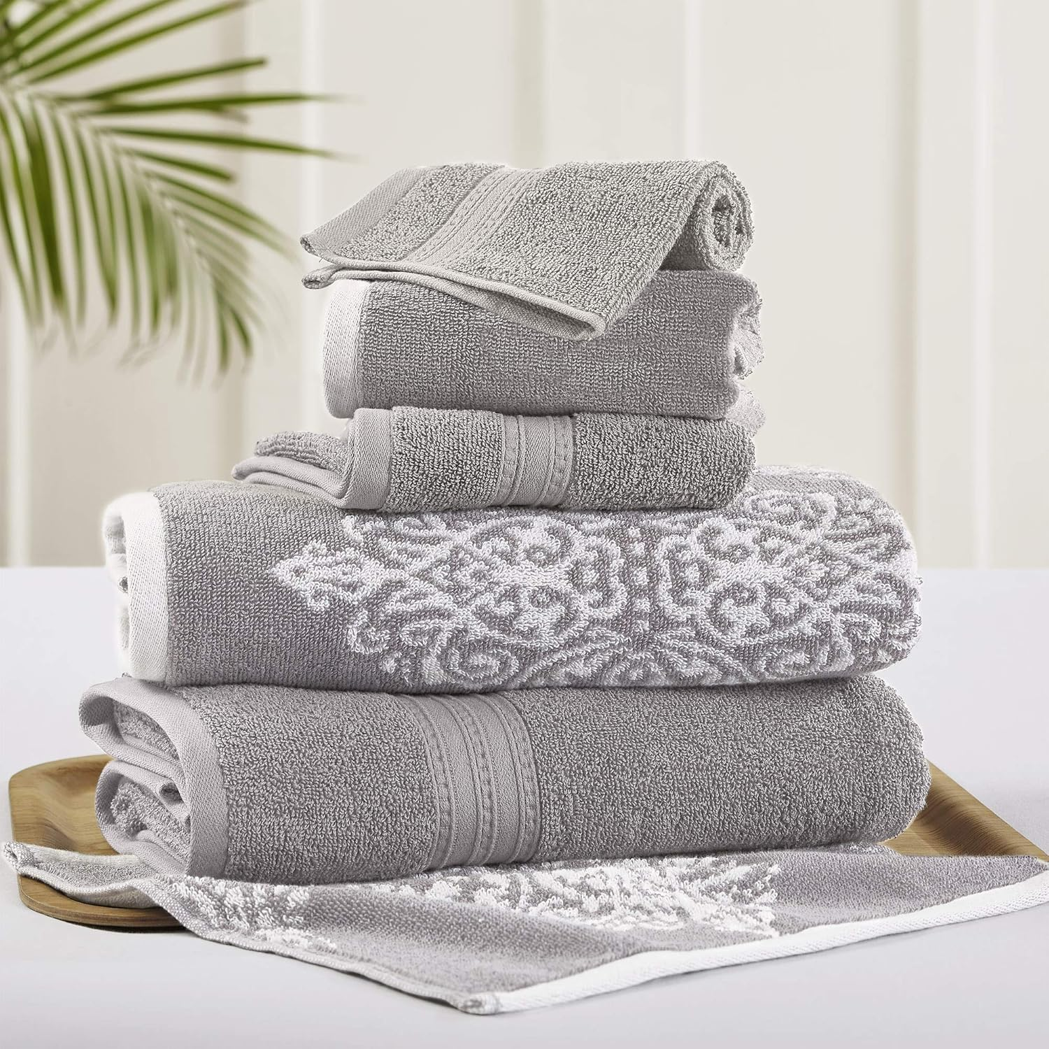 Amrapur Overseas | Artesia Damask 6 Piece Reversible Yarn Dyed Jacquard Towel Set (Platinum)