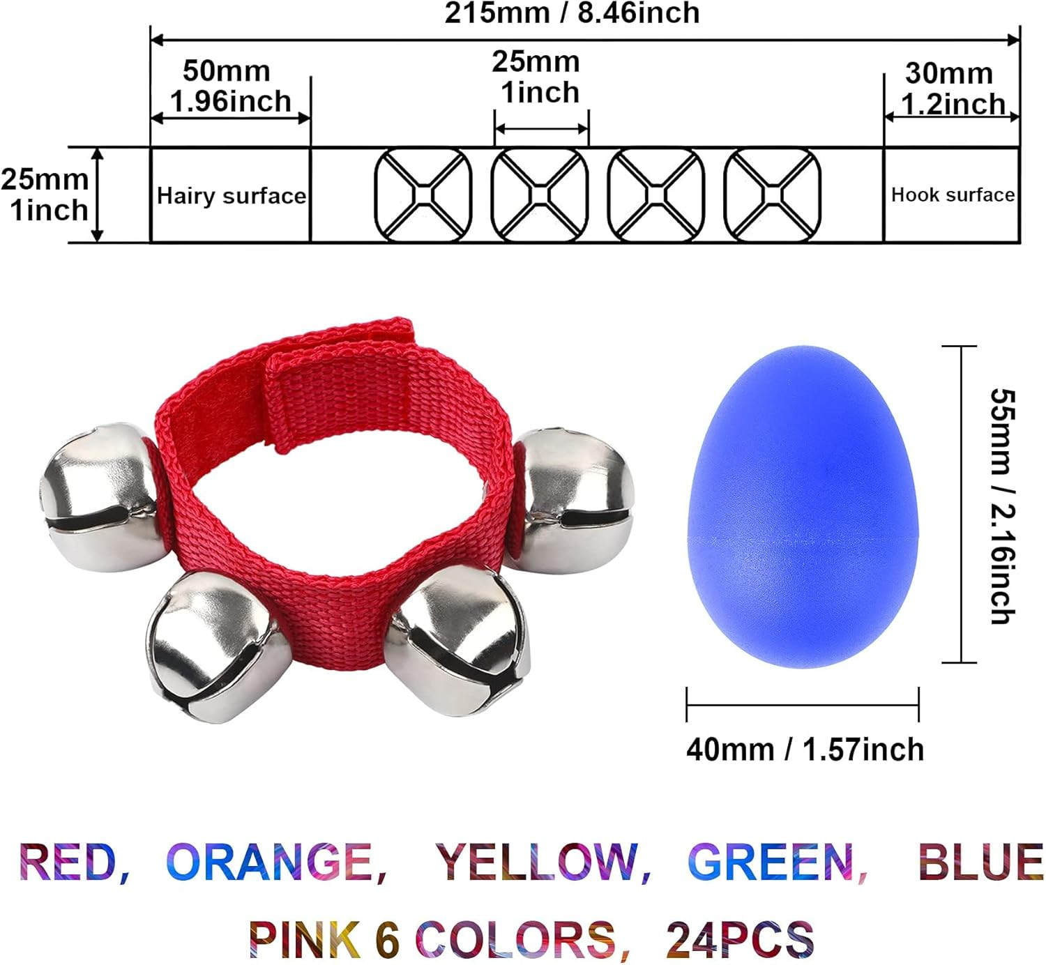 Augshy 24 Packs Shaker Musical Instruments for Kids, 12 Packs Egg Shaker and 12 Packs Wrist Hand Band Jingle Bells image number 5