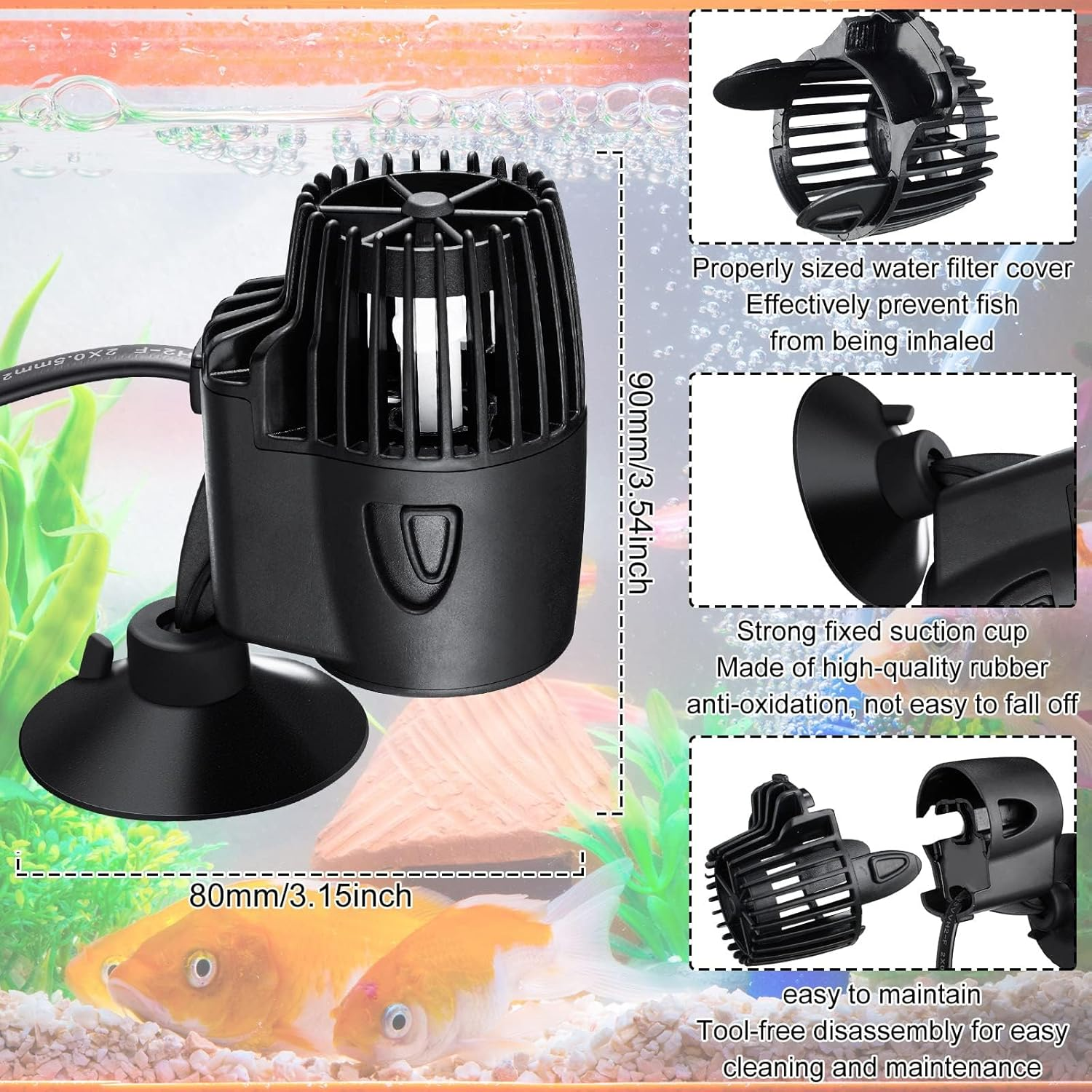 4 Pcs 800 GPH Aquarium Circulation Pump with Magnetic Suction Base 360 Degree Rotating Wave Maker Submersible Aquarium Powerhead Wavemaker for 20-100 Gal Freshwater Saltwater Fish Tank image number 4