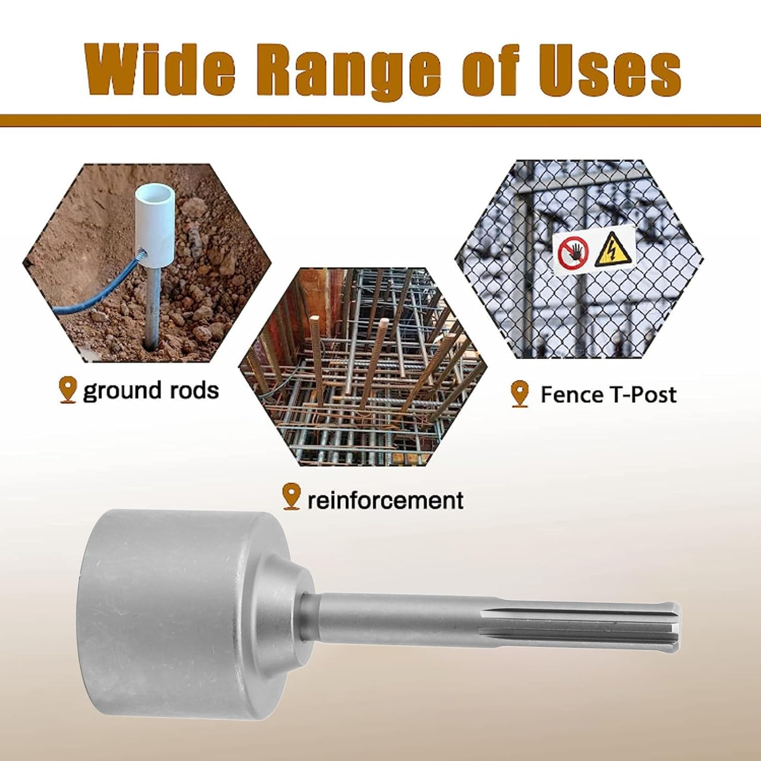 SDS Max Ground Rod Bits Driver, 2Inch Hole Depth Diameter Head Driving T Posts with Hammer Drill, Steel Fence Post Driver Hand Post Pounder Hammer Drill Attachment (65Mm) image number 1