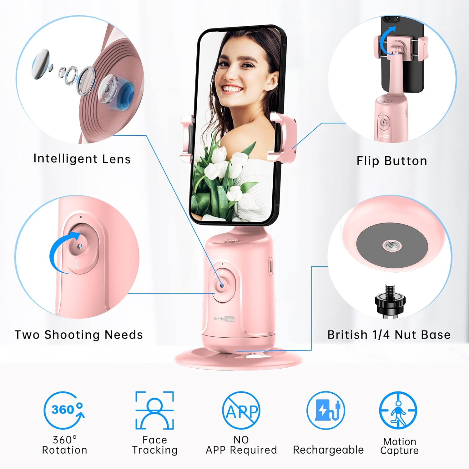 Auto Tracking Phone Holder, Auto Face Tracking Tripod, Portable All-In-One Smart Selfie Stick 360 Rotation Fast Face & Object Tracking Cameraman Robot Mount for Phone Video Vlog Live Streaming(Pink) - Pink image number 6