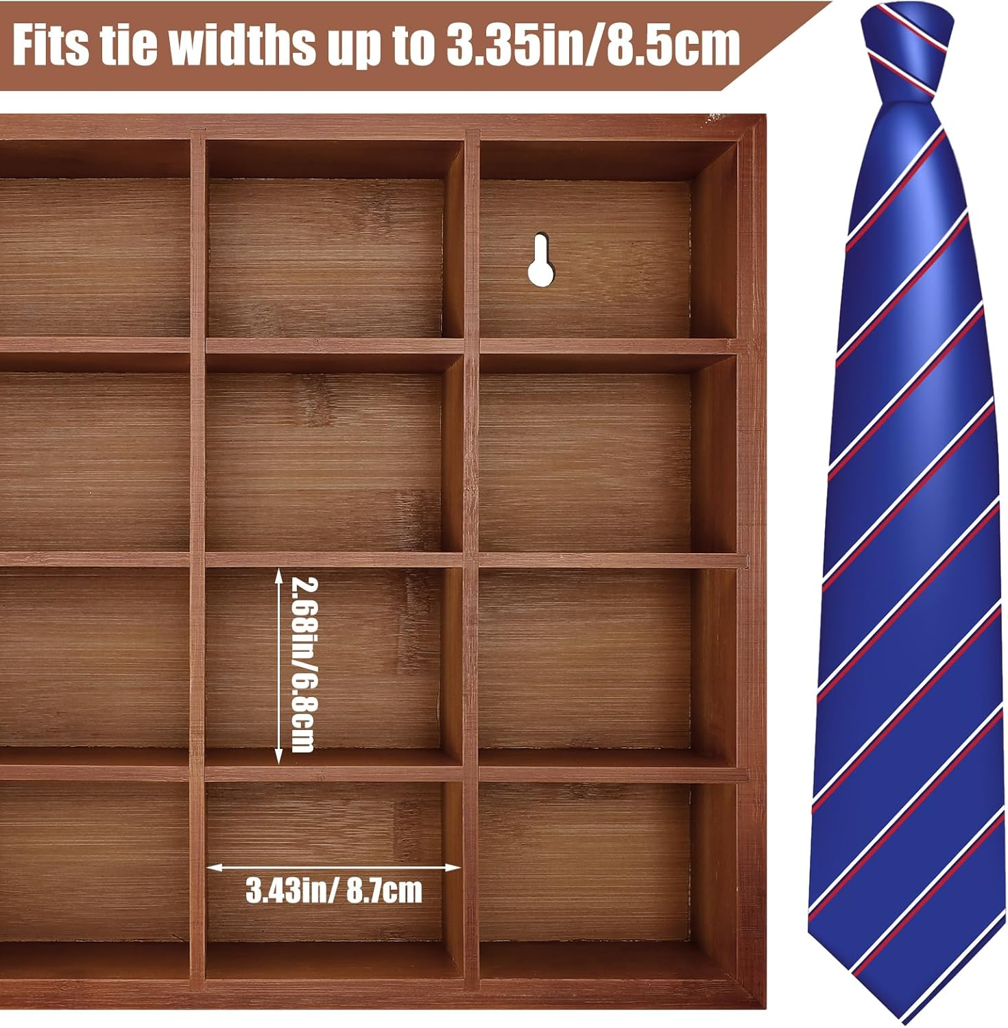 Wesiti Tie Box Organizer Wall Mounted Tie Rack with 16 Compartments Bamboo Belt Holder for Men Scarf Necktie Home Wall Closet(Dark Brown Color,2 Piece) image number 1