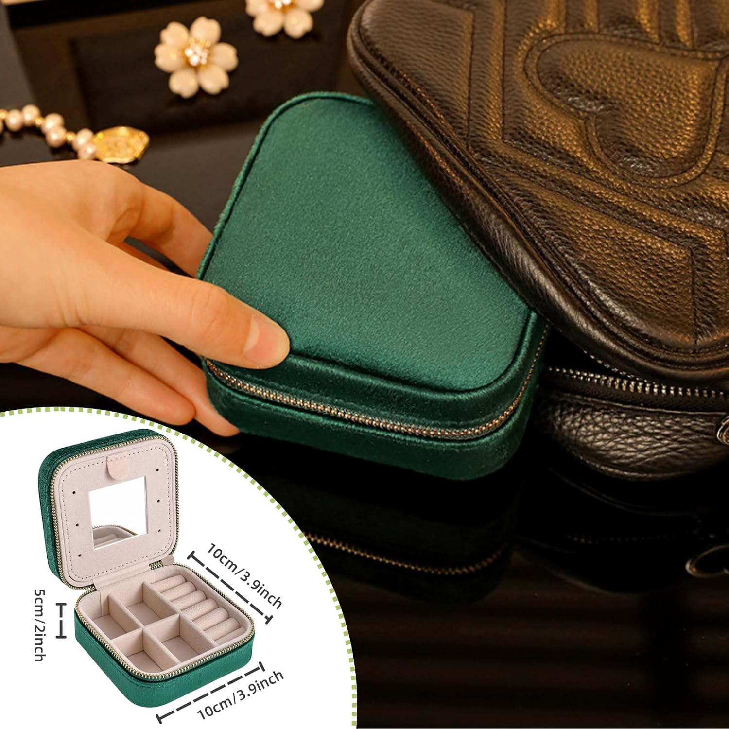 Velvet Travel Jewelry Box, Mini Travel Jewelry Case Organizer with Built in Mirror for Women Girls, JOMWEN Portable Display Storage Box for Rings Earrings Necklaces Bracelets (Emerald Green)