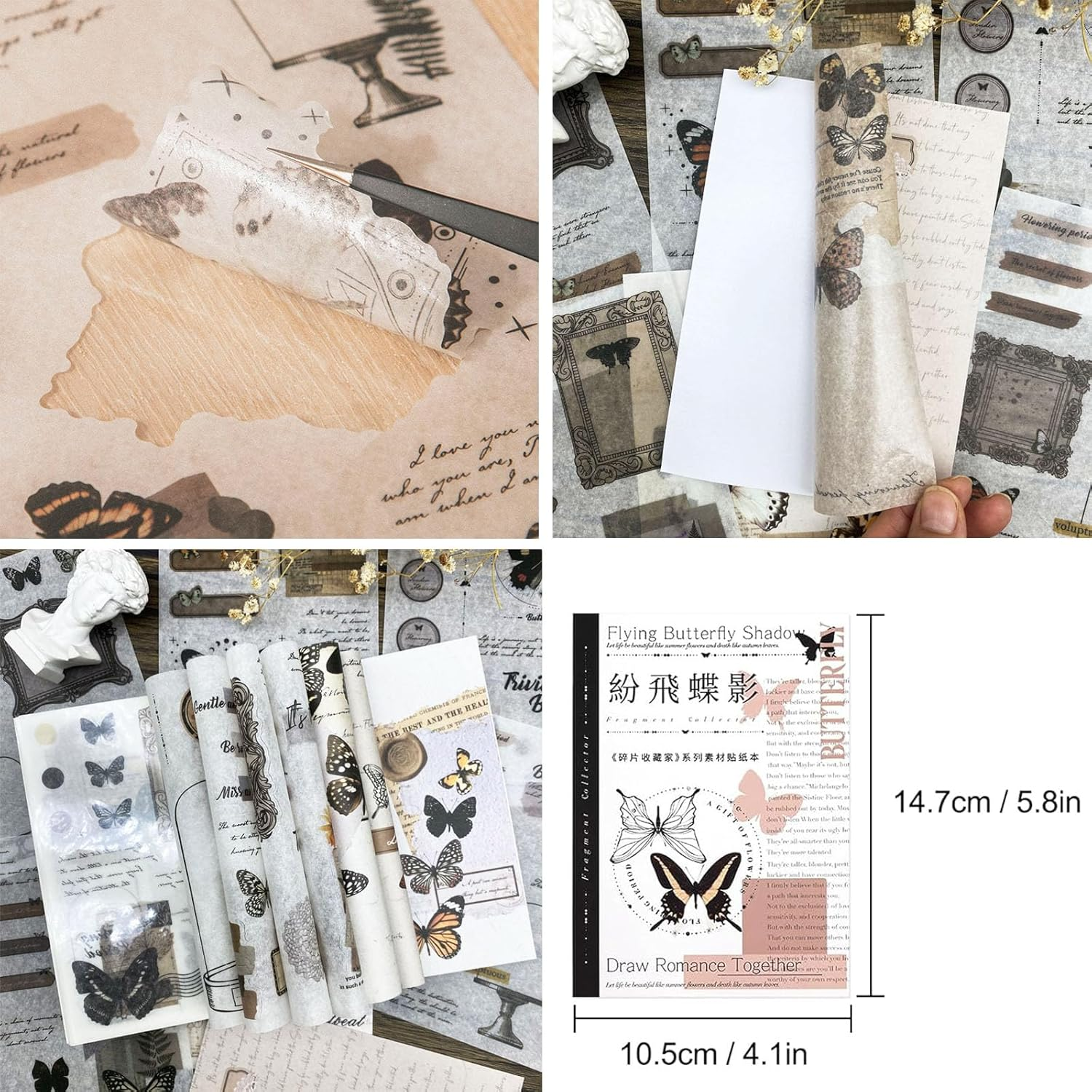 Sticker Book for Adults, 180Pcs Vintage Washi Stickers for Journaling and 20 Sheets Adhesive Scrapbook Papers for Scrapbooking Aesthetic Butterfly Scrapboook Stickers for Bullet Junk Journal Supplies