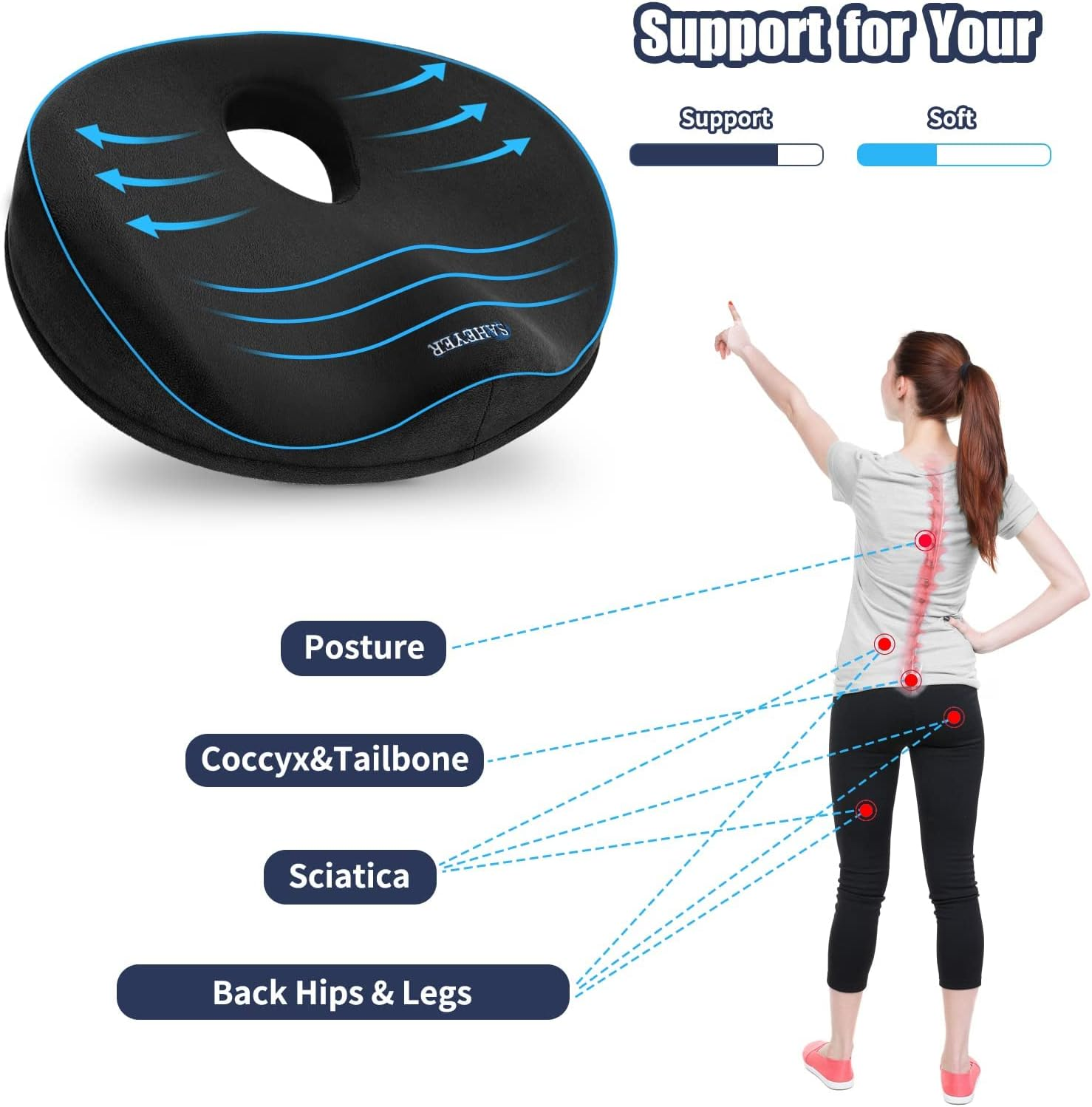 SAHEYER Donut Pillow for Tailbone Pain Relief and Hemorrhoids, Memory Foam Donut Cushion for Sciatica Nerve, Seat Cushion Butt Pillow for Men Women at Home Office Chair Car Long Sitting Comfort, Black image number 6
