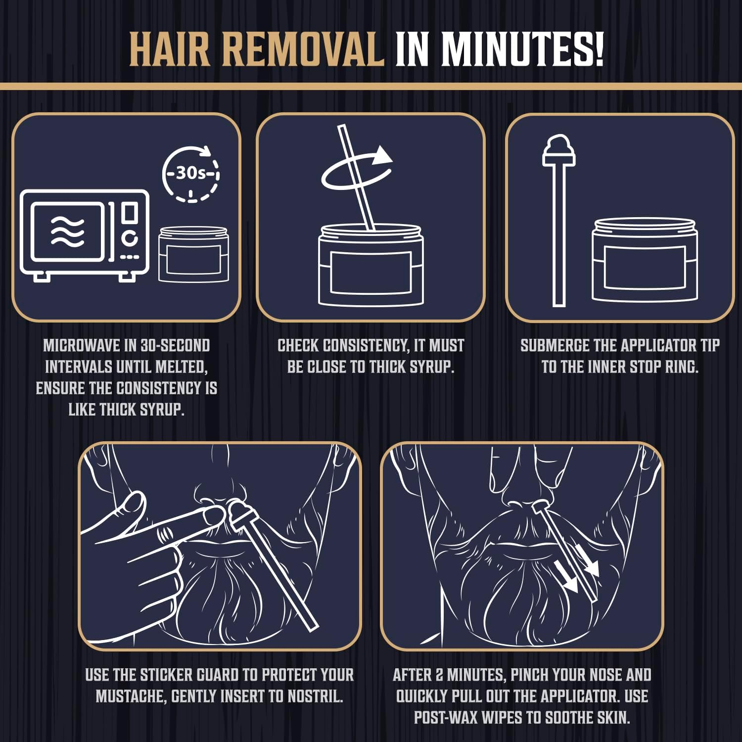 Viking Revolution Nose Hair Waxing Kit for Men - Quick Kit Men with 24 Wax Sticks - Nose Hair Wax Kit Includes Mustache Sticker Guard and Post-Wax Calming Wipes with Aloe Vera (3.5 Oz) image number 6