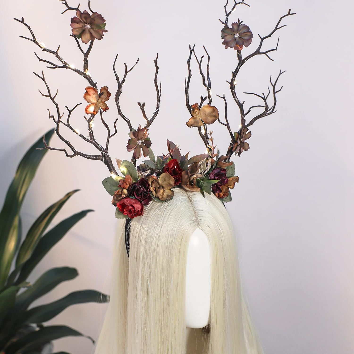 MOSTORY Green Forest Branch Headband - Fairy Forest Headband with Flowers, Floral Antler Headwear for Women, Witch Renaissance Costume, Halloween Renfaire Outfit, Cosplay Photoshoot image number 4