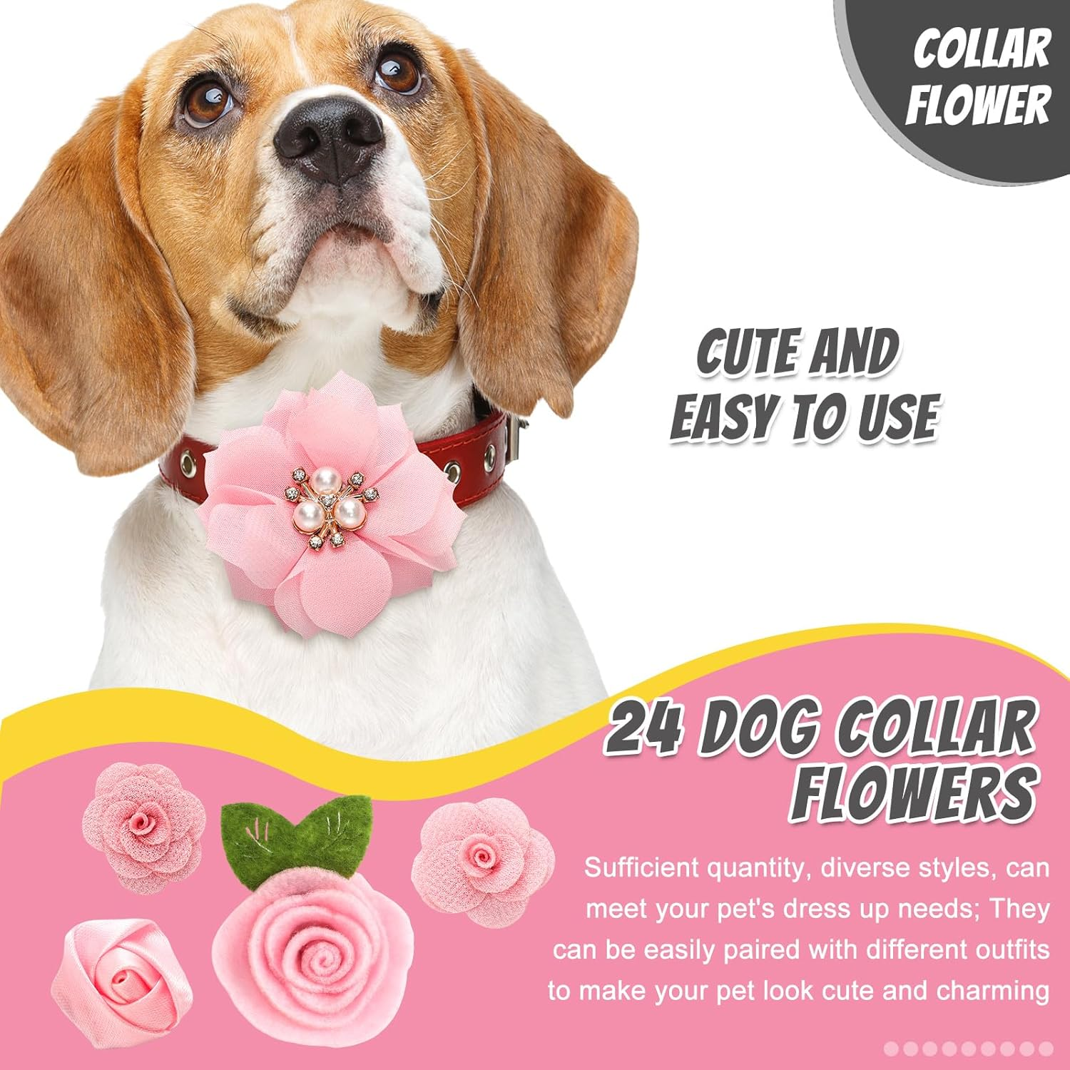 Tigeen 24 Pcs Dog Collar Flowers Accessories Bows Charms Flowers Attachment with Band Collar Grooming Accessories for Small Medium Dog Puppy Cats image number 4